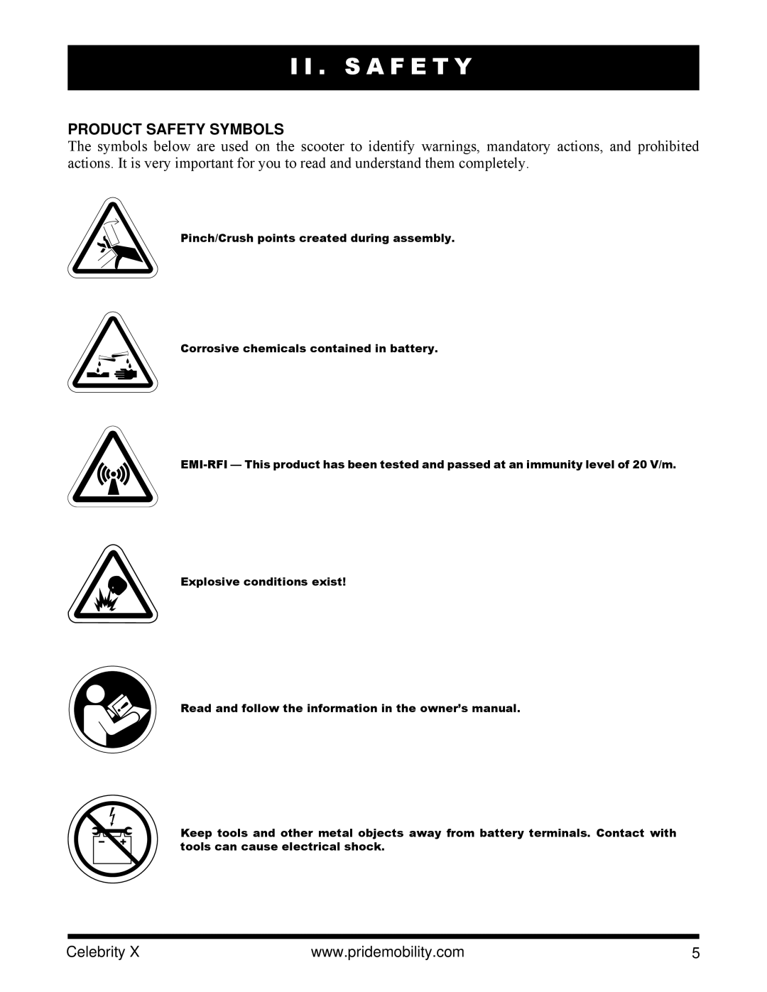 Pride Mobility SC4001, SC4401 manual S a F E T Y, Product Safety Symbols 