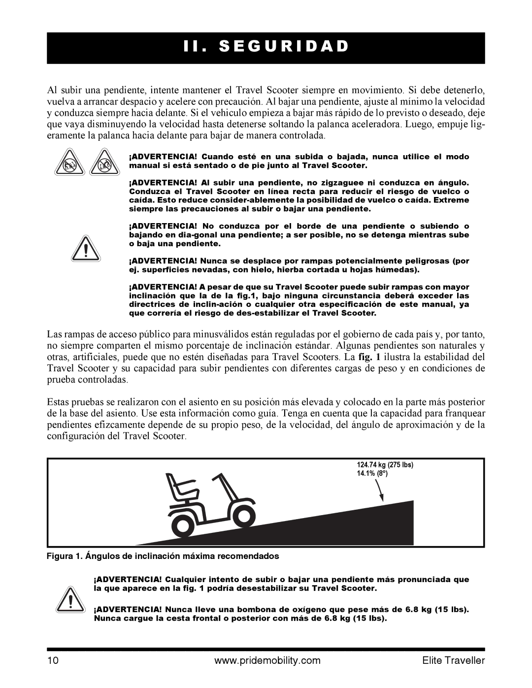 Pride Mobility SC44E, SC40E manual Figura 1. Ángulos de inclinación máxima recomendados 