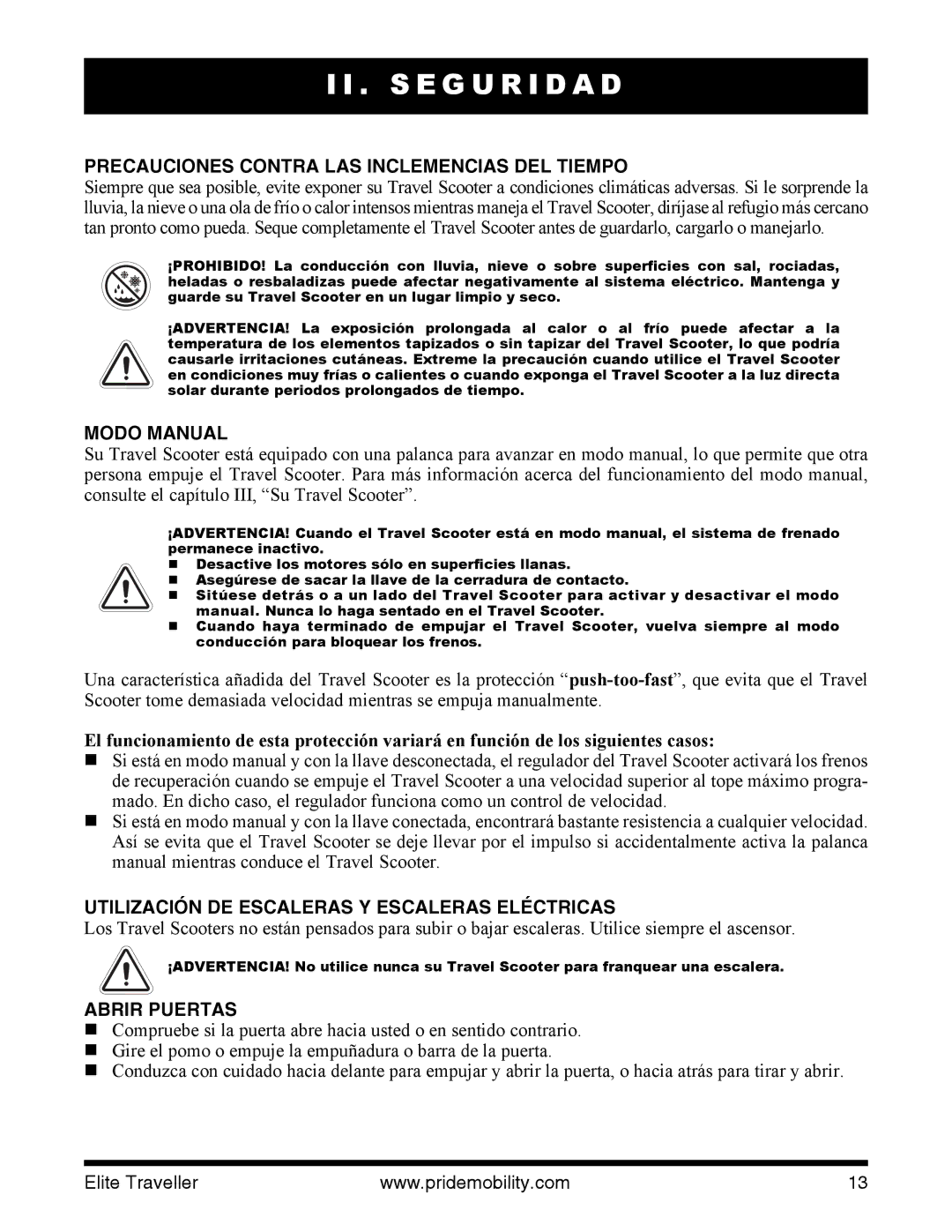 Pride Mobility SC40E, SC44E manual Precauciones Contra LAS Inclemencias DEL Tiempo, Modo Manual, Abrir Puertas 