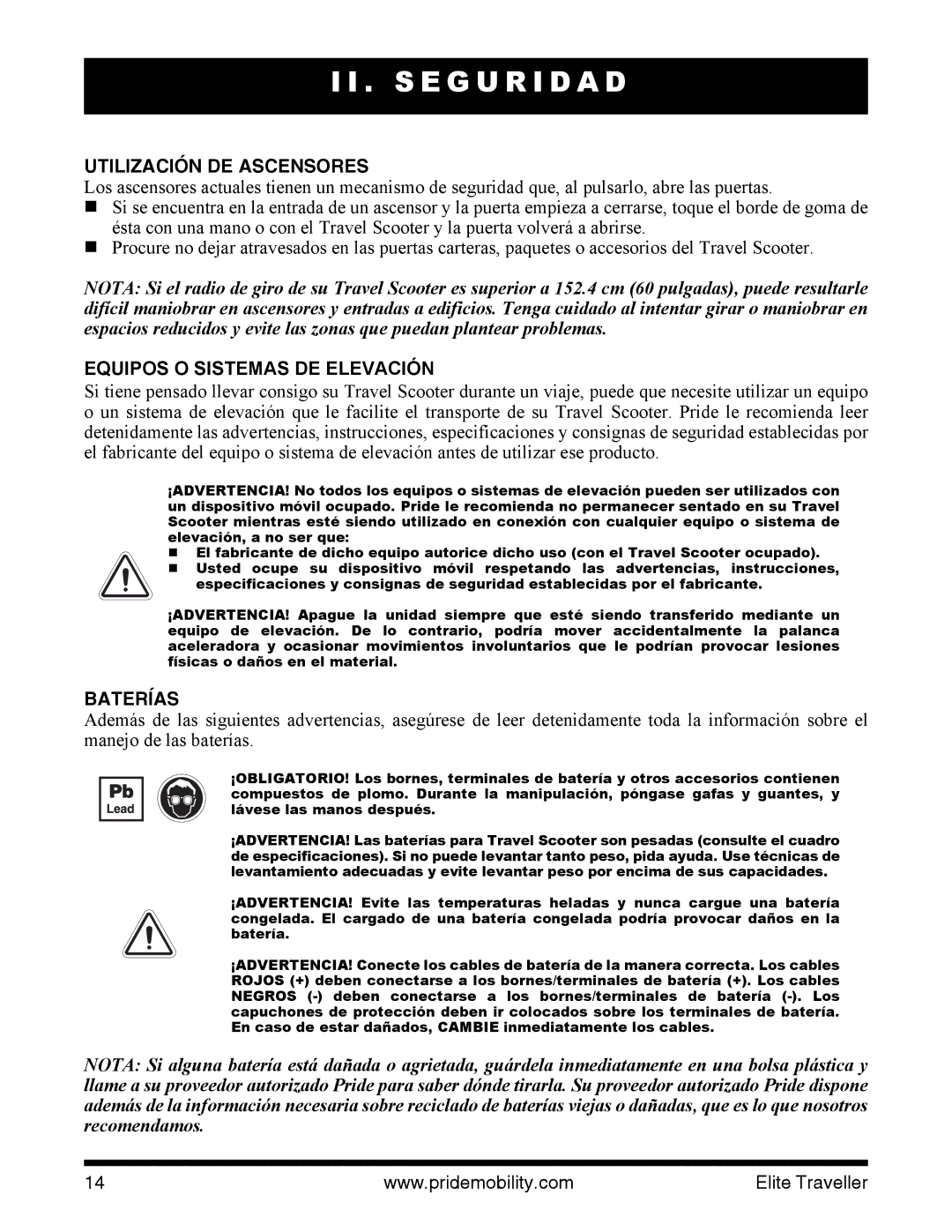 Pride Mobility SC44E, SC40E manual Utilización DE Ascensores, Baterías 