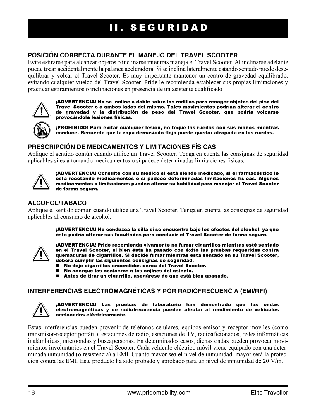 Pride Mobility SC44E, SC40E manual Posición Correcta Durante EL Manejo DEL Travel Scooter, Alcohol/Tabaco 