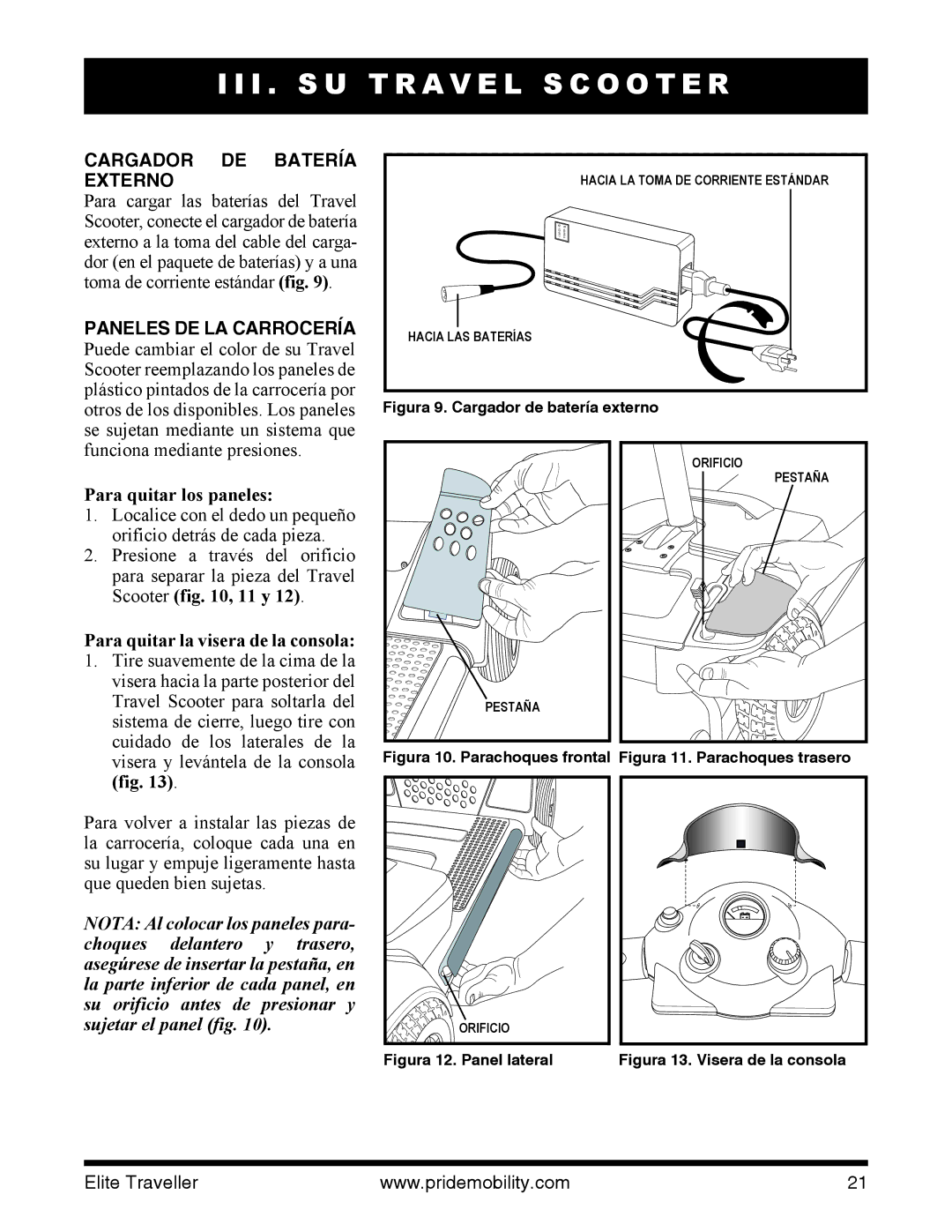 Pride Mobility SC40E, SC44E manual Cargador DE Batería Externo, Paneles DE LA Carrocería, Para quitar los paneles 