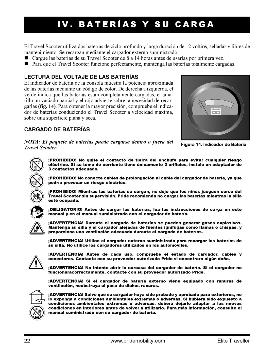 Pride Mobility SC44E, SC40E manual B a T E R Í a S Y S U C a R G a, Lectura DEL Voltaje DE LAS Baterías, Cargado DE Baterías 