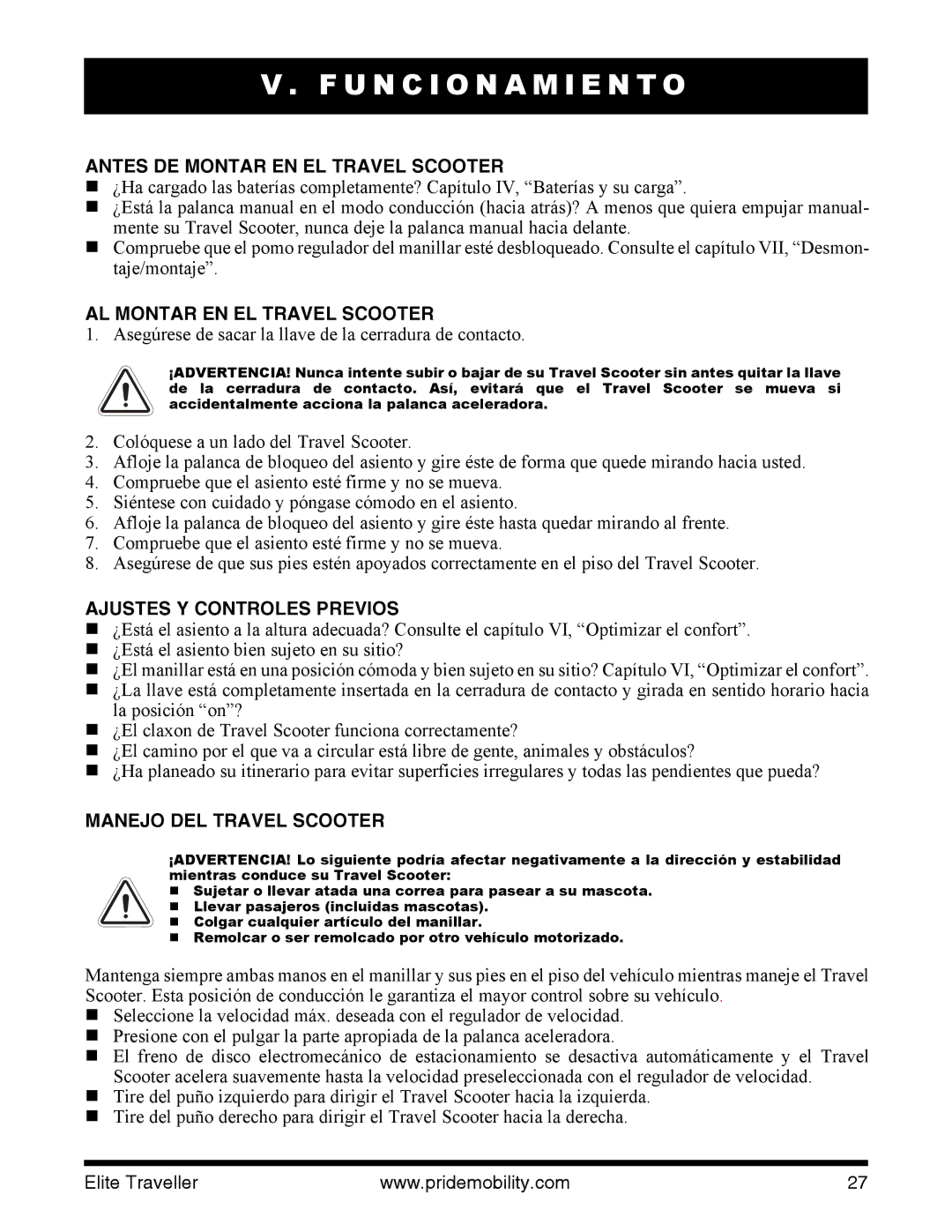 Pride Mobility SC40E manual U N C I O N a M I E N T O, Antes DE Montar EN EL Travel Scooter, AL Montar EN EL Travel Scooter 