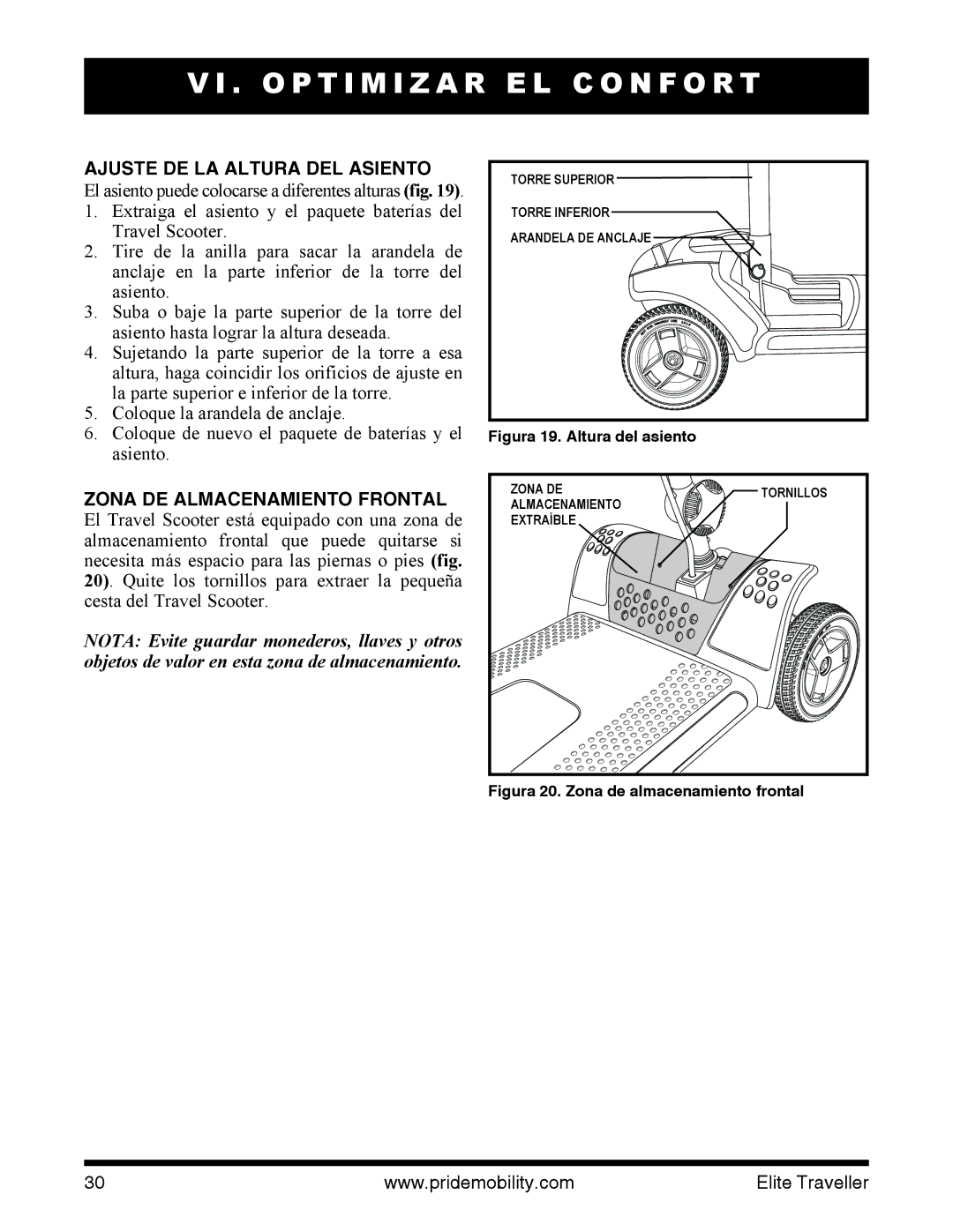 Pride Mobility SC44E, SC40E manual Ajuste DE LA Altura DEL Asiento, Zona DE Almacenamiento Frontal 