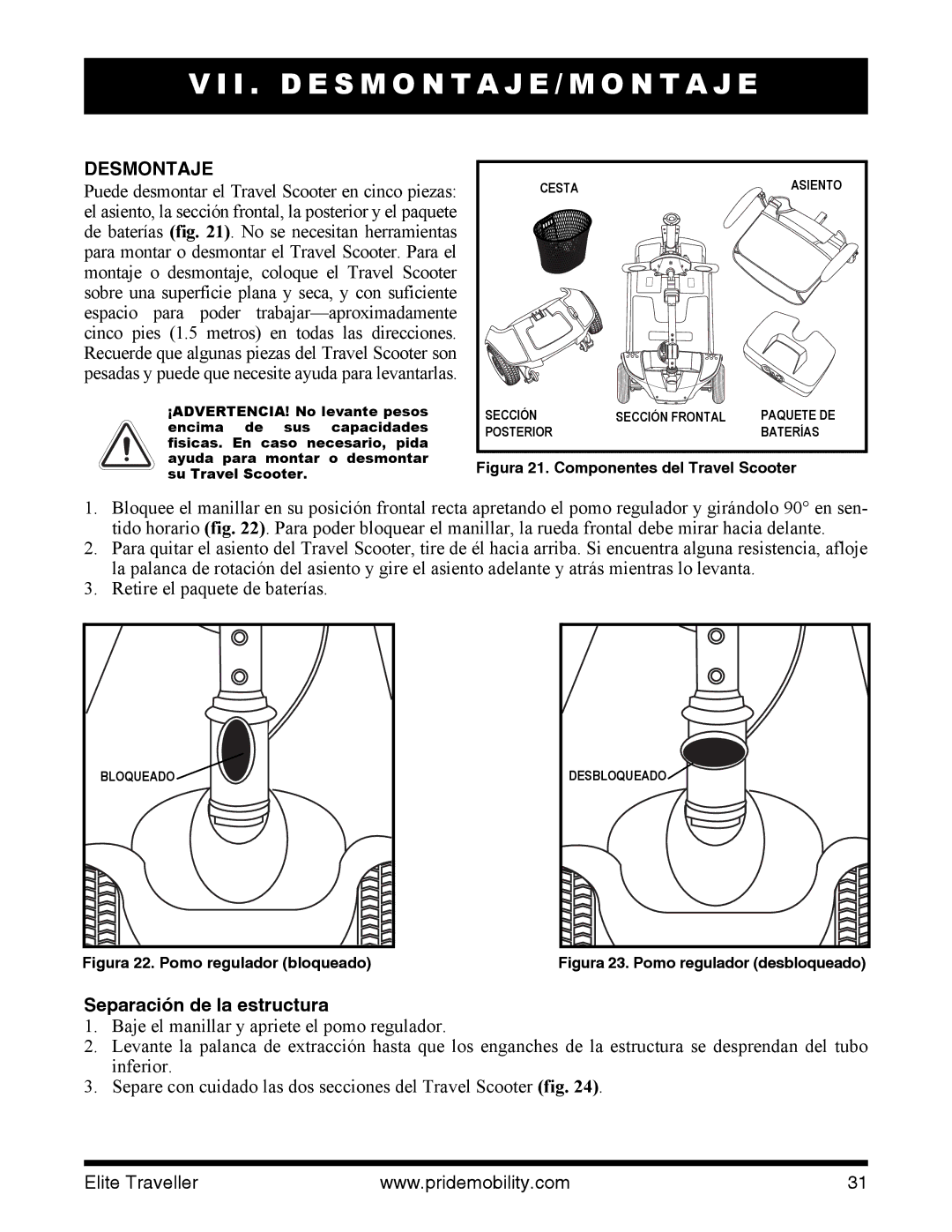 Pride Mobility SC40E, SC44E manual I . D E S M O N T a J E / M O N T a J E, Desmontaje 