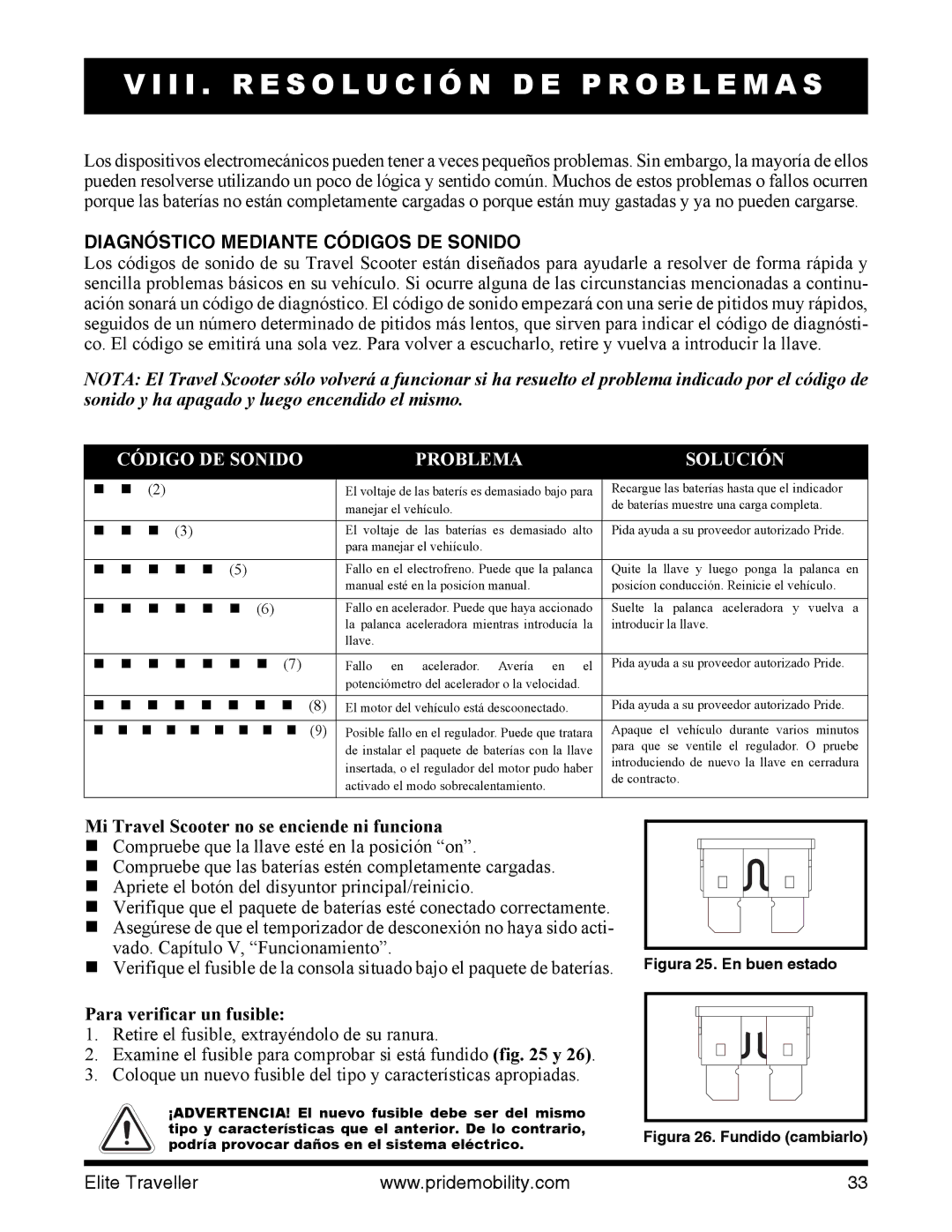 Pride Mobility SC40E, SC44E manual I I . R E S O L U C I Ó N D E P R O B L E M a S, Diagnóstico Mediante Códigos DE Sonido 