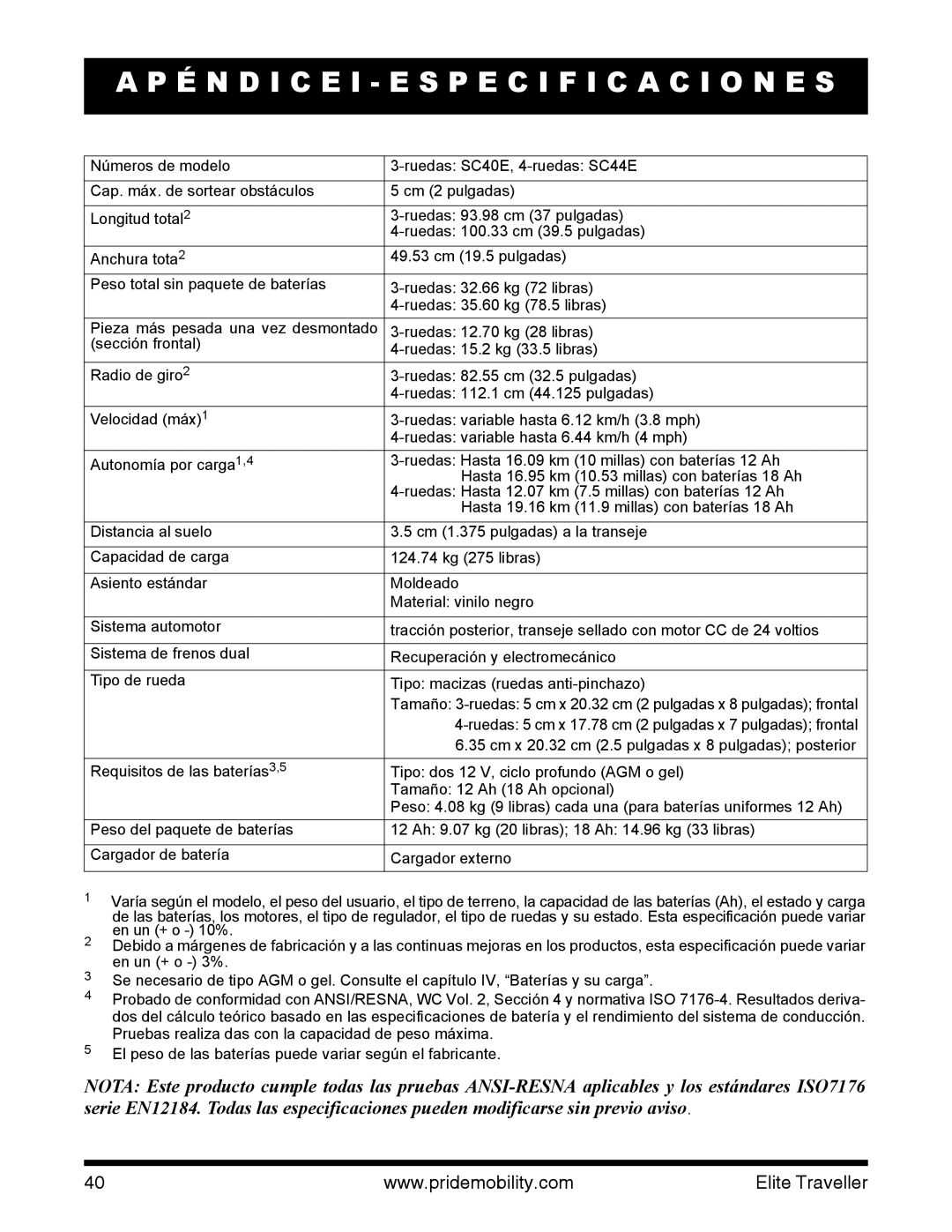 Pride Mobility SC44E, SC40E manual É N D I C E I E S P E C I F I C a C I O N E S 
