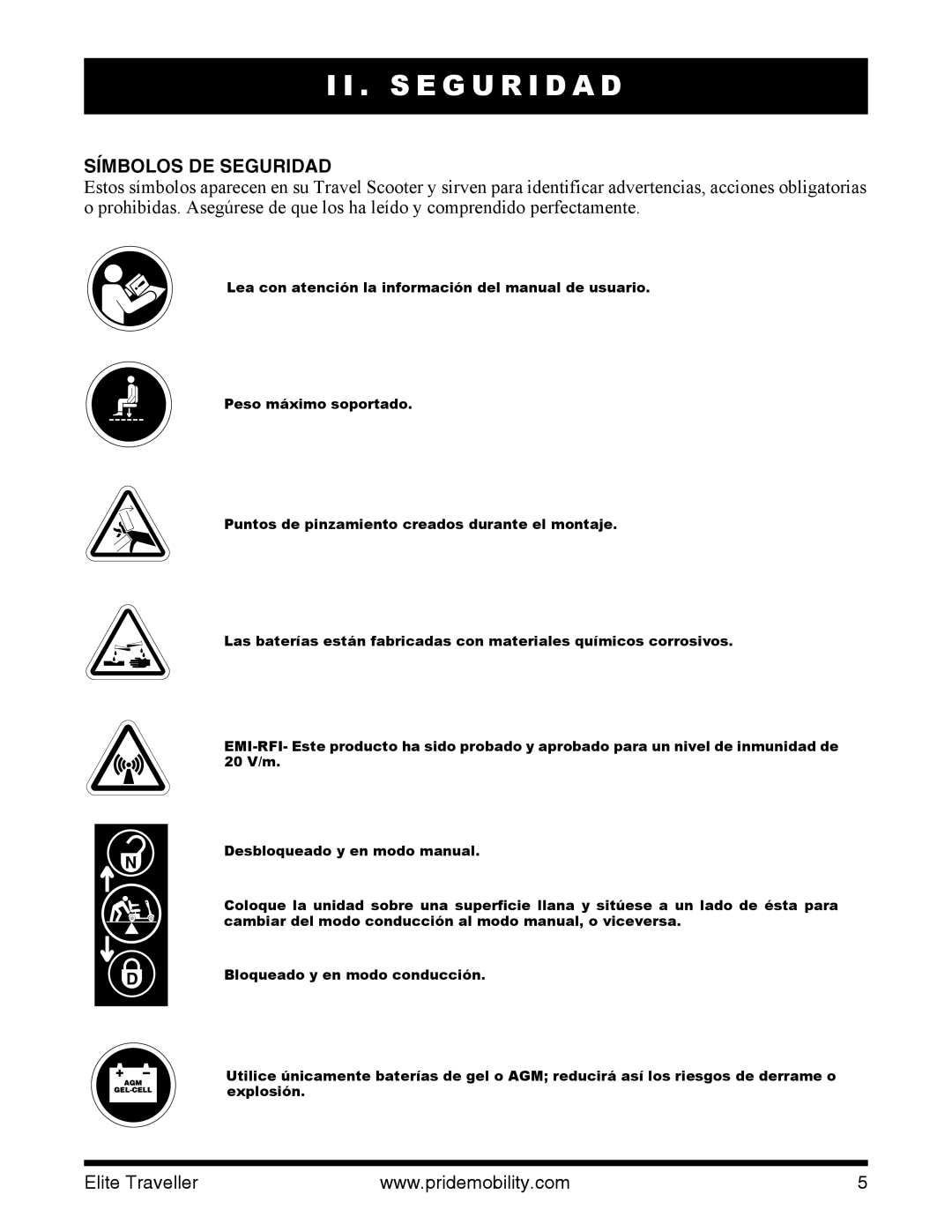 Pride Mobility SC40E, SC44E manual S E G U R I D a D, Símbolos DE Seguridad 