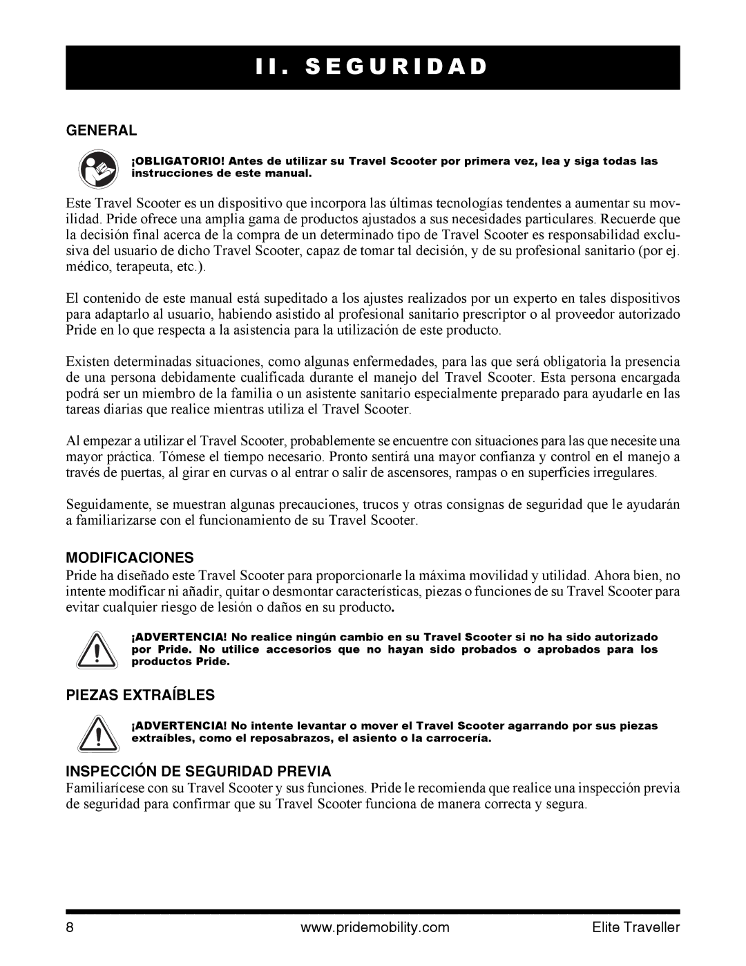 Pride Mobility SC44E, SC40E manual General, Modificaciones, Piezas Extraíbles, Inspección DE Seguridad Previa 