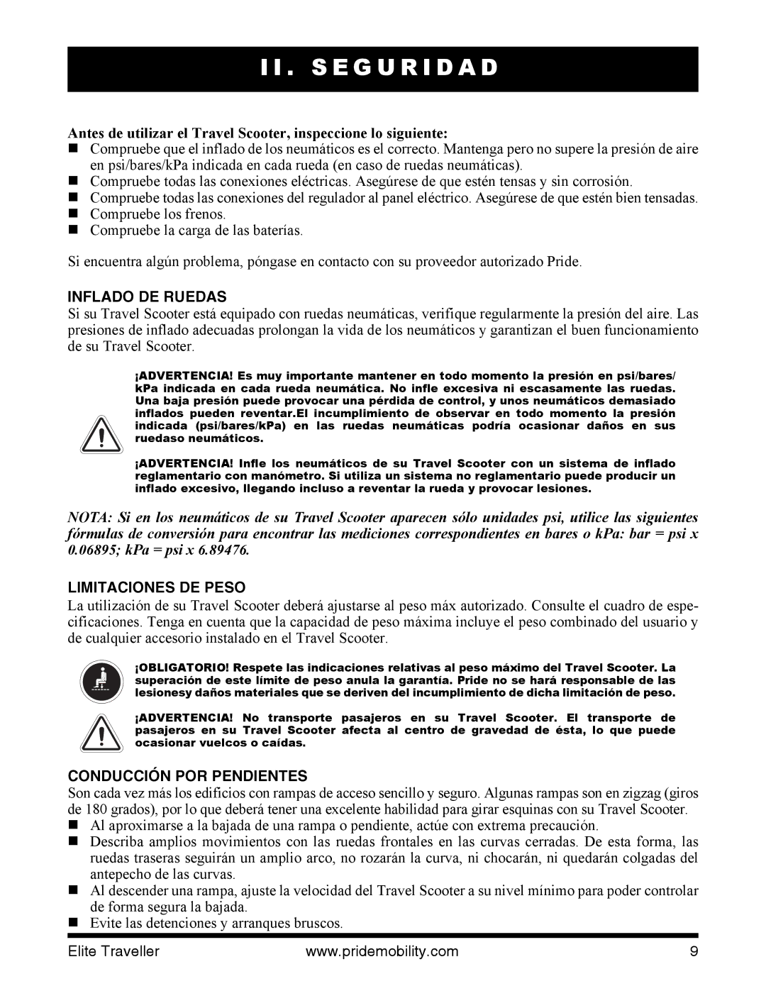 Pride Mobility SC40E, SC44E manual Inflado DE Ruedas, Limitaciones DE Peso, Conducción POR Pendientes 