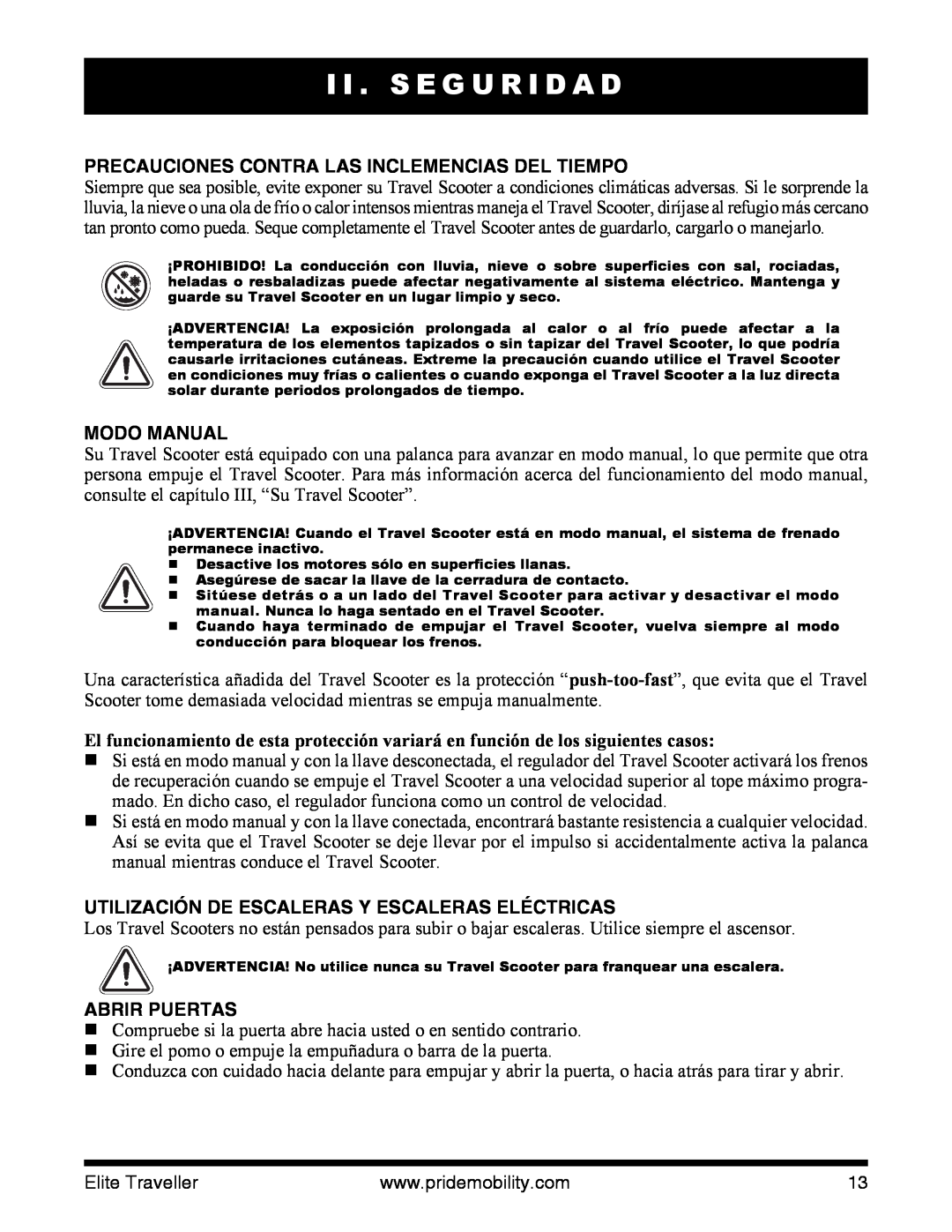 Pride Mobility SC40E Precauciones Contra Las Inclemencias Del Tiempo, Modo Manual, Abrir Puertas, I I . S E G U R I D A D 