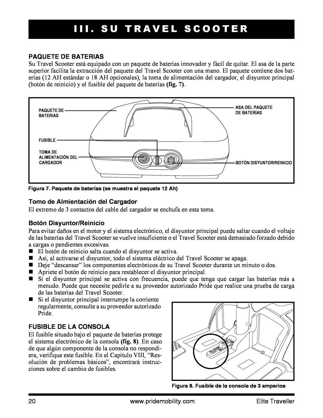 Pride Mobility SC44E, SC40E manual Paquete De Baterias, Tomo de Almientación del Cargador, Botón Disyuntor/Reinicio 