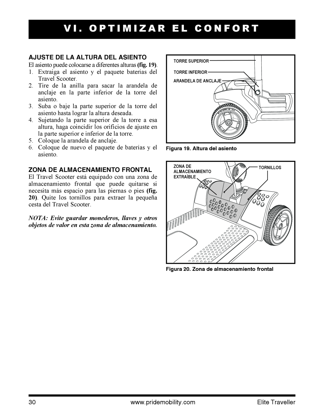 Pride Mobility SC44E, SC40E manual Ajuste De La Altura Del Asiento, Zona De Almacenamiento Frontal 