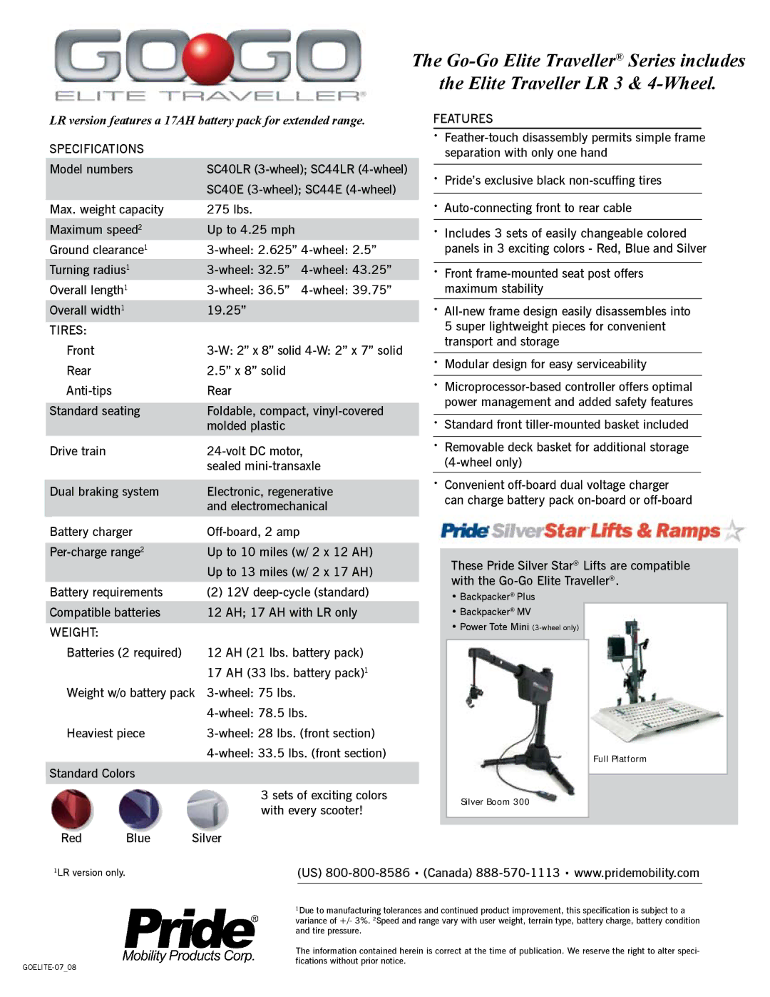 Pride Mobility SC40LR, SC44LR, SC44E, SC40E manual Features Specifications, Tires, Weight 