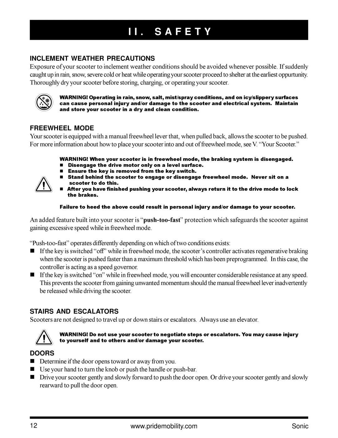 Pride Mobility SC52 owner manual Inclement Weather Precautions, Freewheel Mode, Stairs and Escalators, Doors 