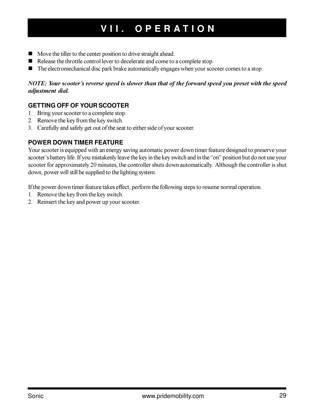 Pride Mobility SC52 owner manual Getting OFF of Your Scooter, Power Down Timer Feature 