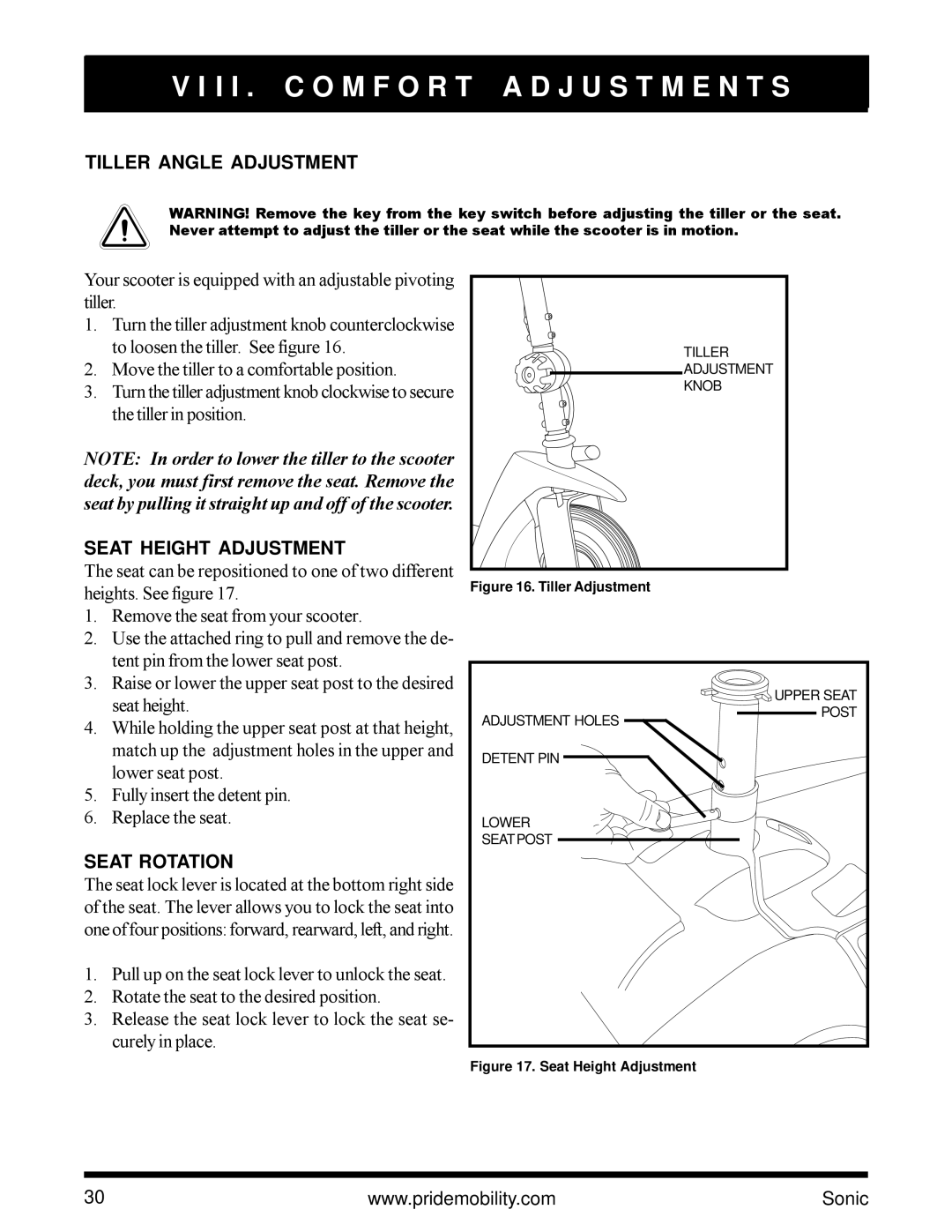 Pride Mobility SC52 owner manual I I . C O M F O R T a D J U S T M E N T S, Tiller Angle Adjustment, Seat Height Adjustment 