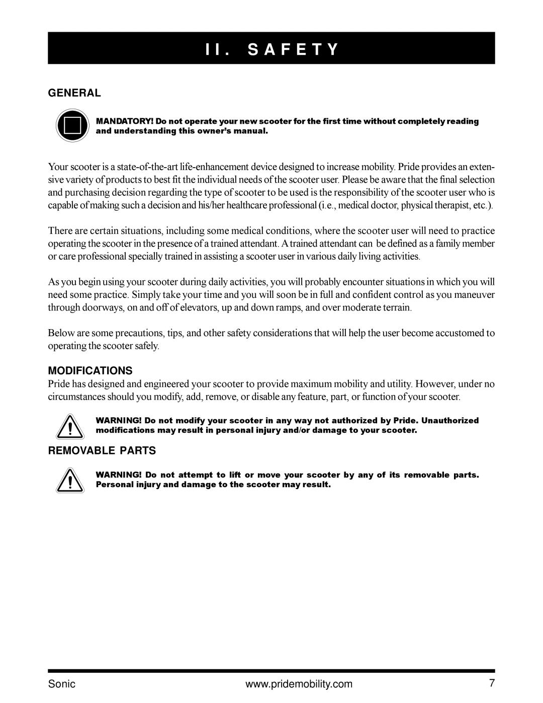 Pride Mobility SC52 owner manual General, Modifications, Removable Parts 