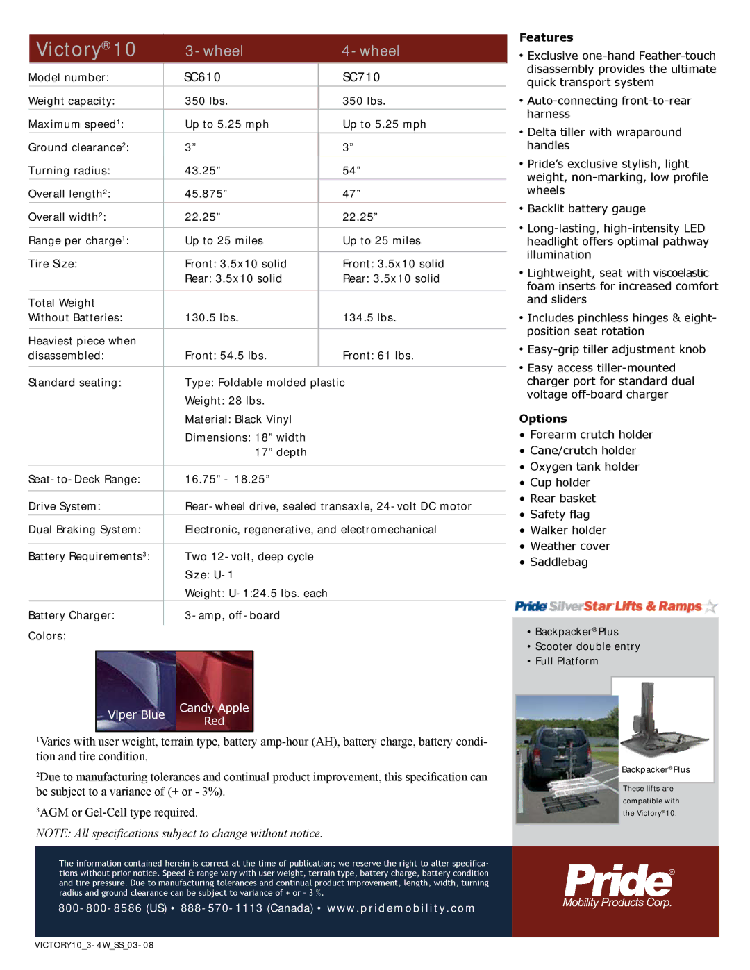Pride Mobility SC610 SC710 manual Victory, Wheel, 3AGM or Gel-Cell type required 