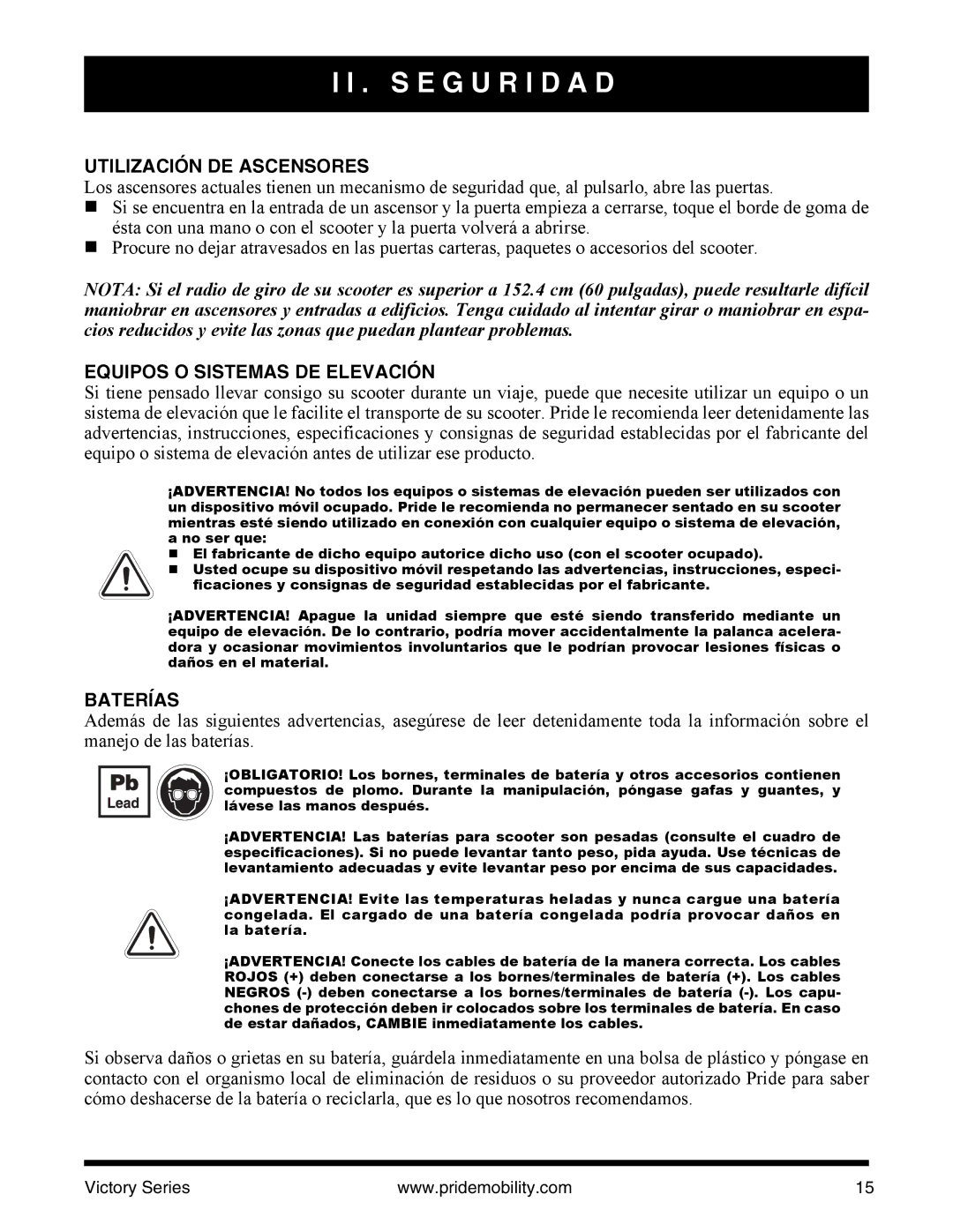 Pride Mobility SC610/SC710 manual Utilización DE Ascensores, Equipos O Sistemas DE Elevación, Baterías 