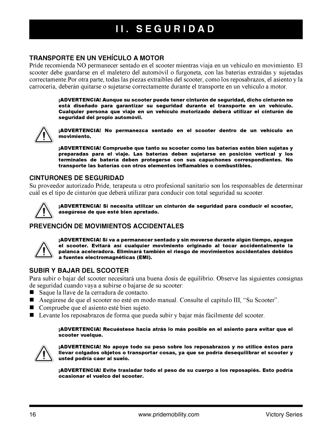 Pride Mobility SC610/SC710 manual Transporte EN UN Vehículo a Motor, Cinturones DE Seguridad, Subir Y Bajar DEL Scooter 
