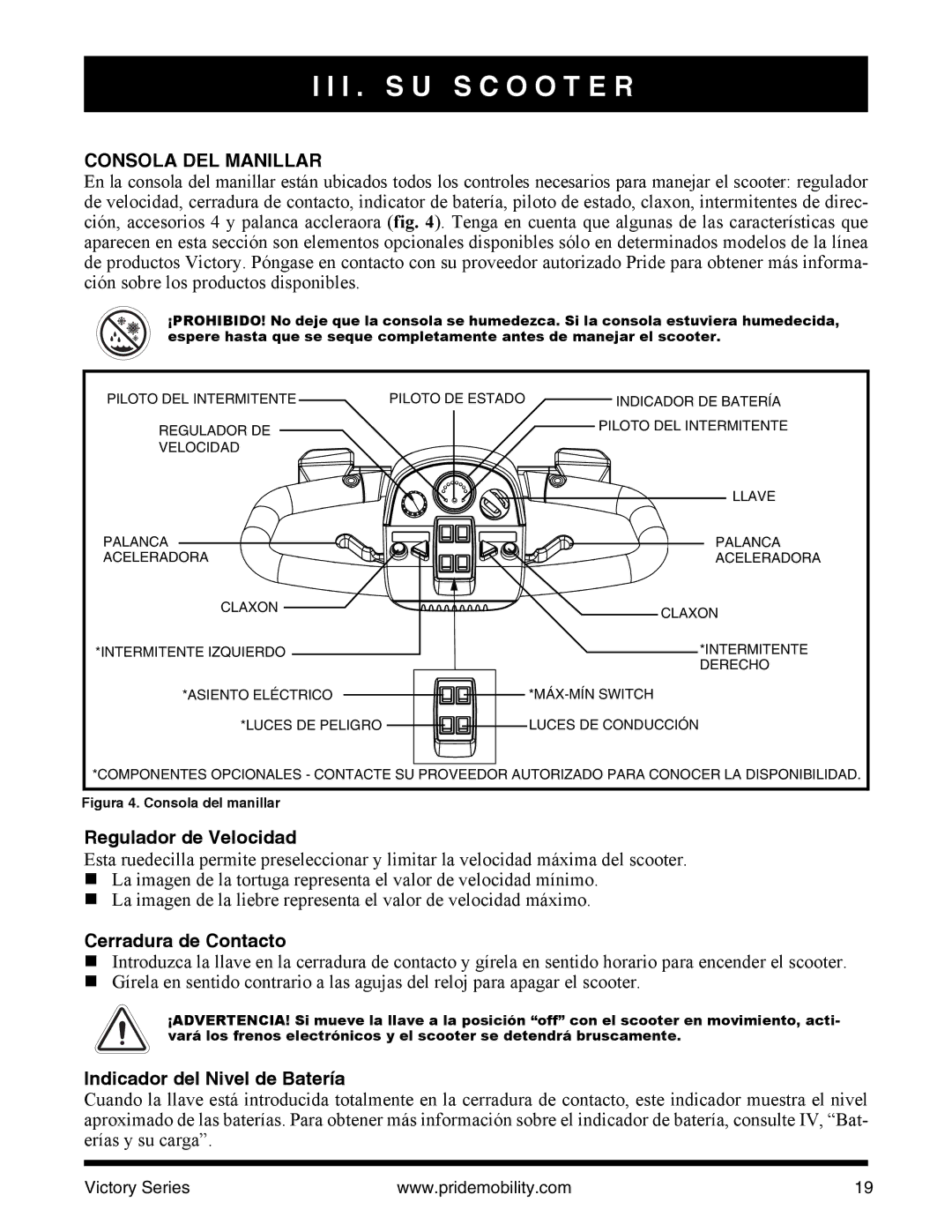 Pride Mobility SC610/SC710 manual I . S U S C O O T E R, Consola DEL Manillar 