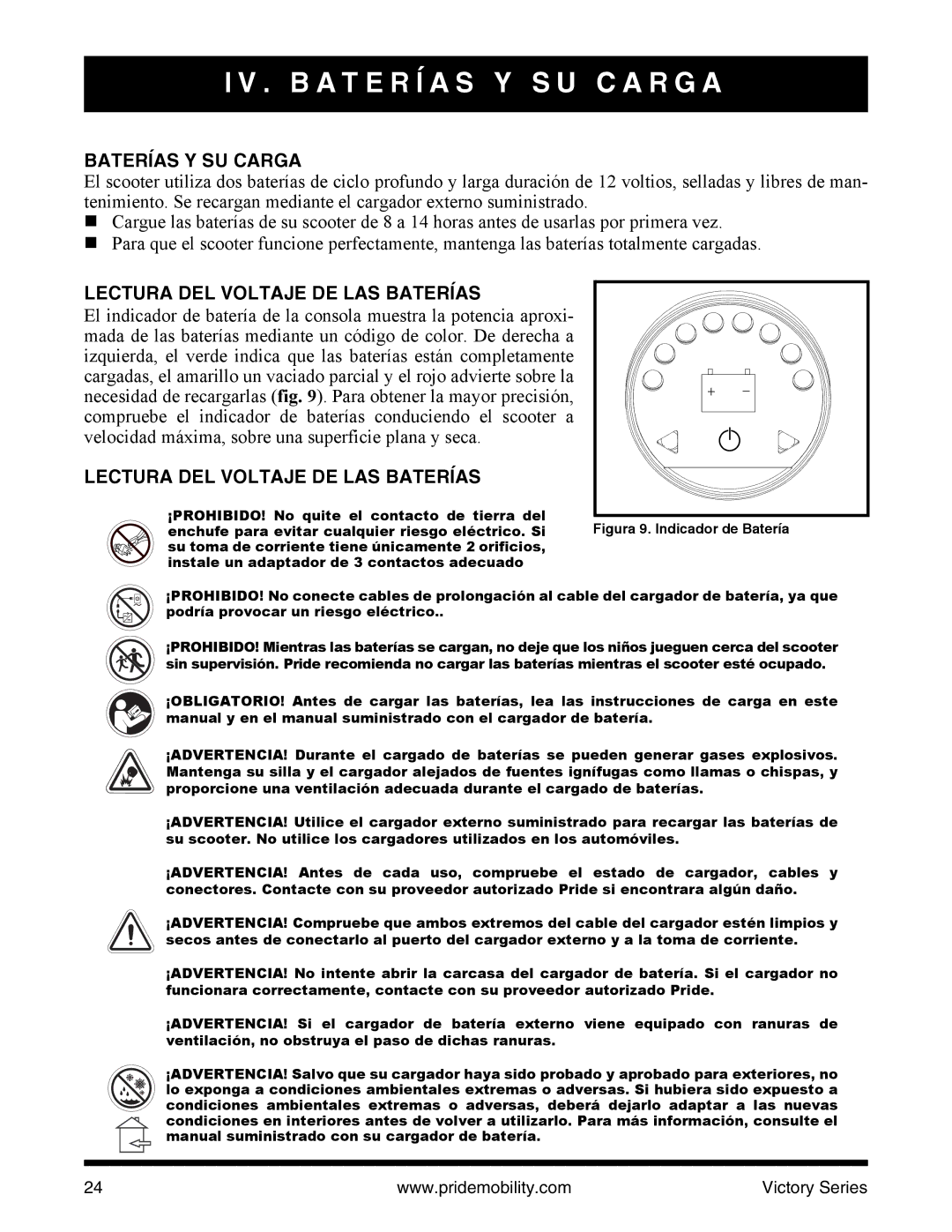 Pride Mobility SC610/SC710 manual B a T E R Í a S Y S U C a R G a, Baterías Y SU Carga, Lectura DEL Voltaje DE LAS Baterías 