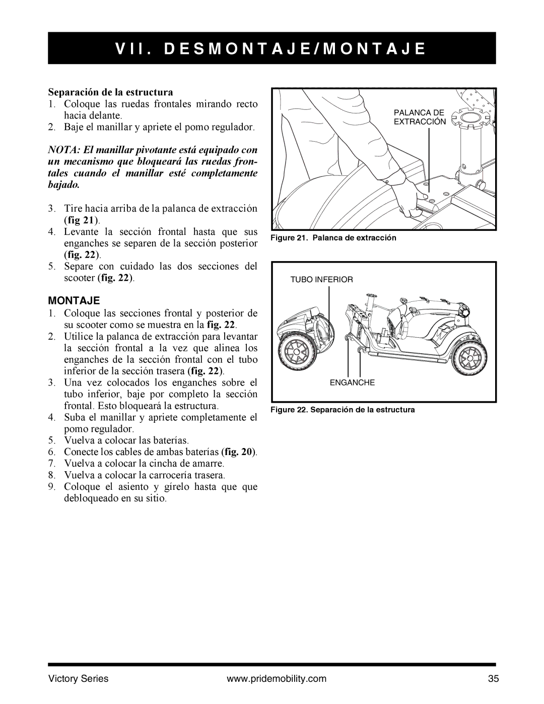 Pride Mobility SC610/SC710 manual Separación de la estructura, Montaje 