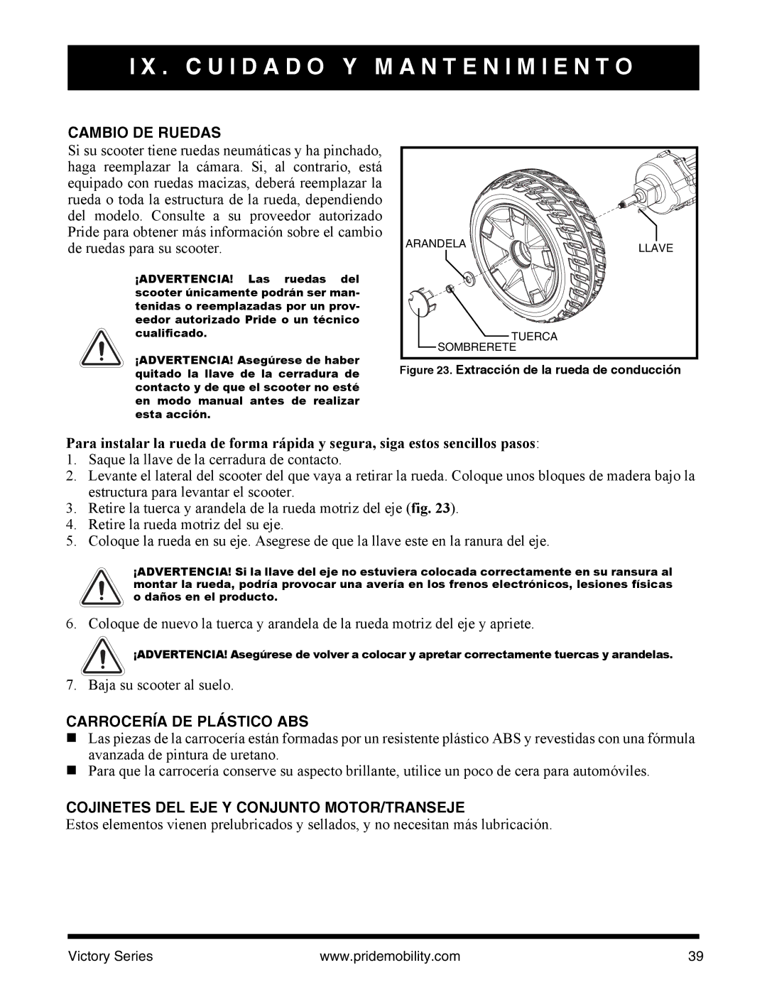 Pride Mobility SC610/SC710 manual Cambio DE Ruedas, Carrocería DE Plástico ABS, Cojinetes DEL EJE Y Conjunto MOTOR/TRANSEJE 