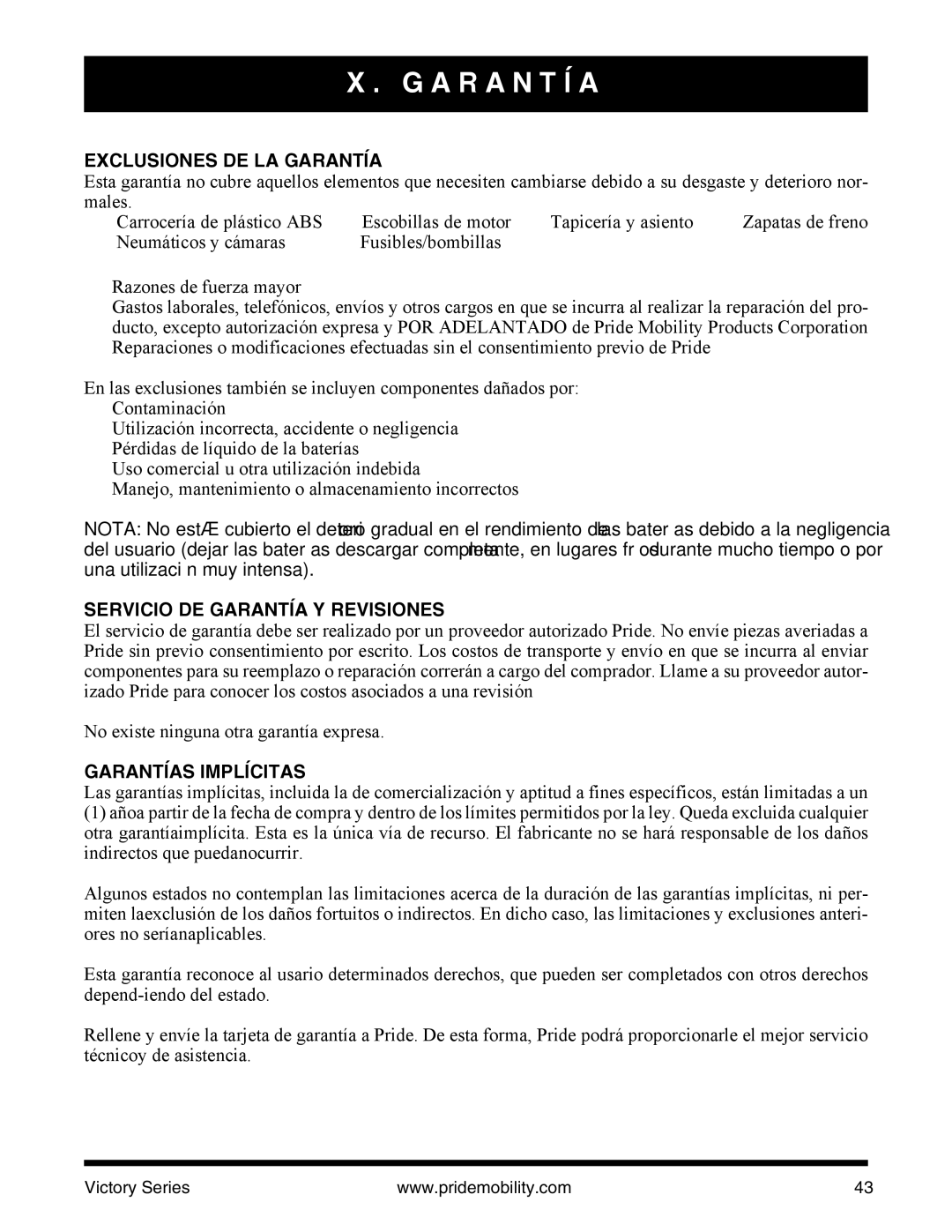 Pride Mobility SC610/SC710 manual Exclusiones DE LA Garantía, Servicio DE Garantía Y Revisiones, Garantías Implícitas 