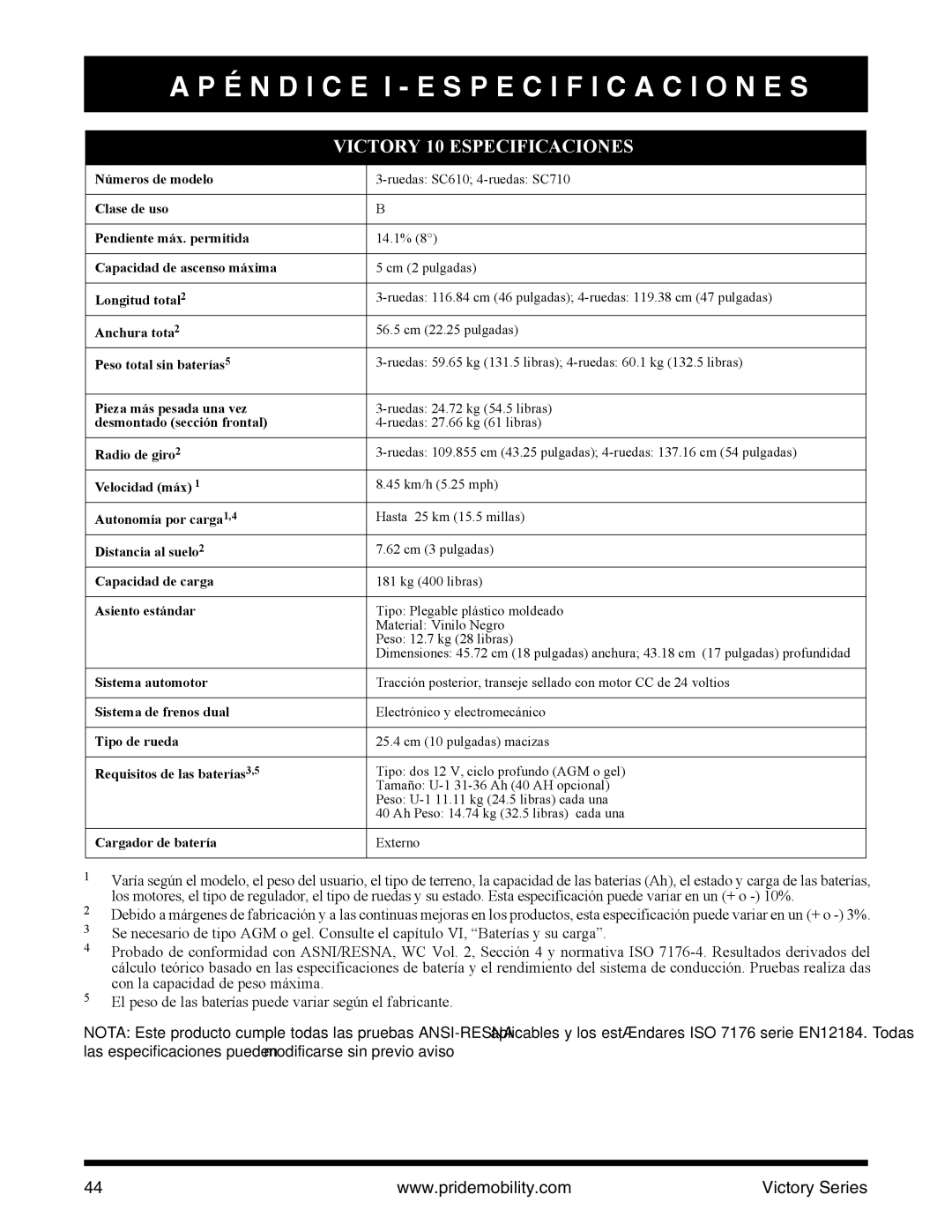 Pride Mobility SC610/SC710 manual É N D I C E I E S P E C I F I C a C I O N E S, Victory 10 Especificaciones 