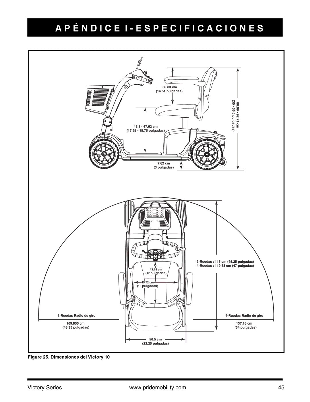 Pride Mobility SC610/SC710 manual Dimensiones del Victory 