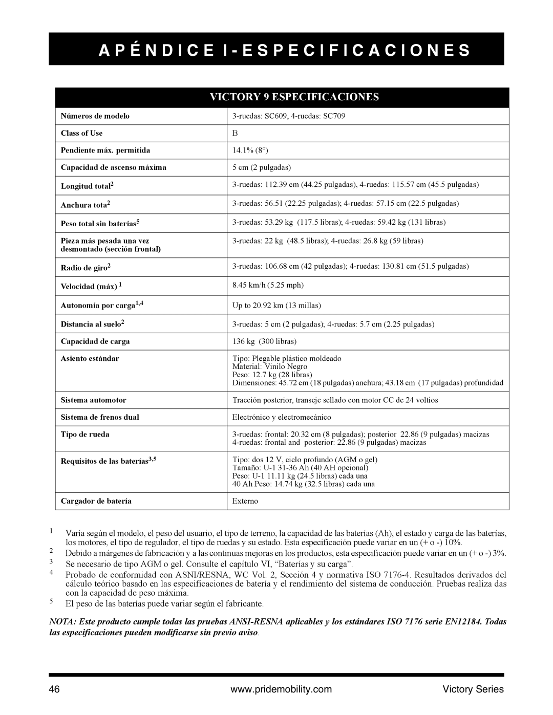 Pride Mobility SC610/SC710 manual Victory 9 Especificaciones 