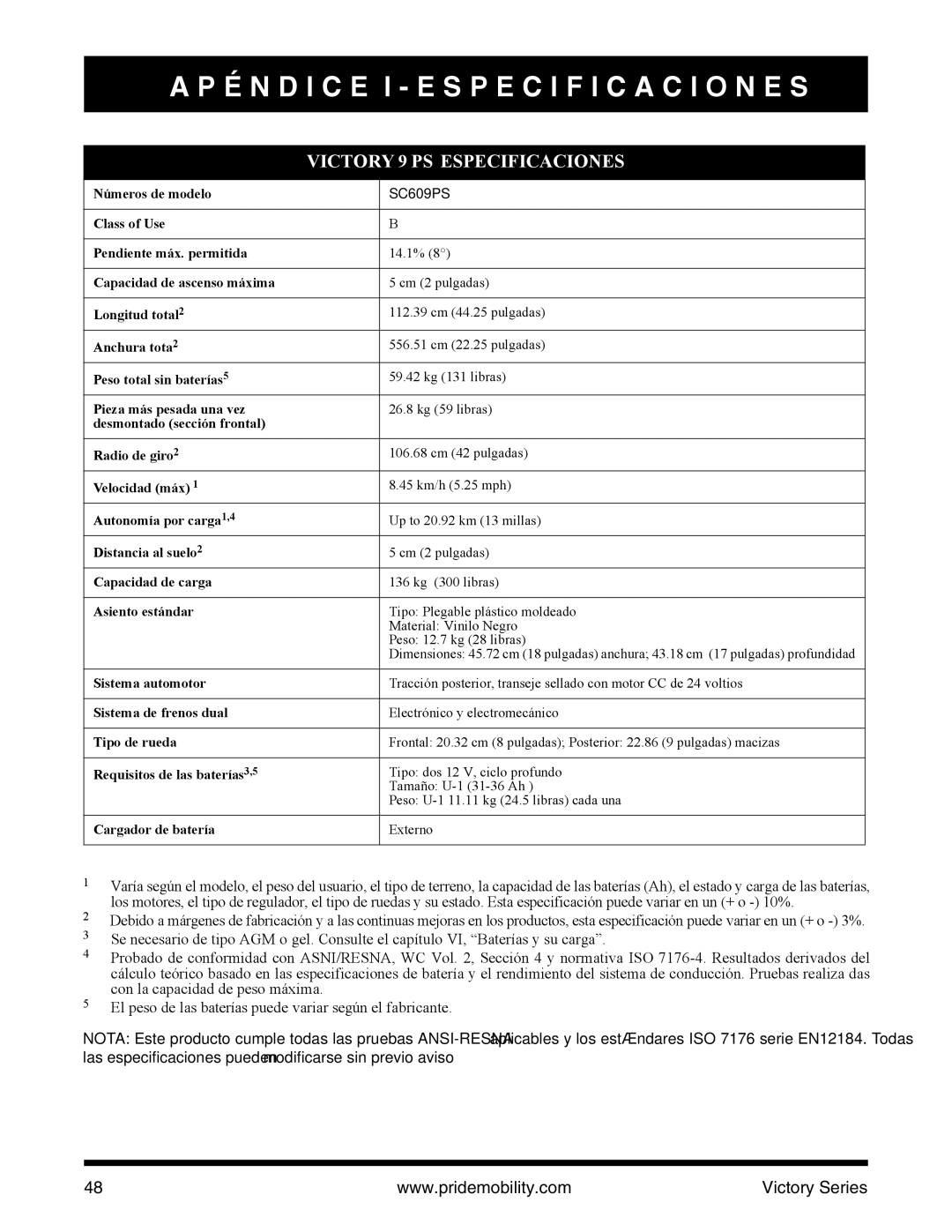 Pride Mobility SC610/SC710 manual Victory 9 PS Especificaciones 