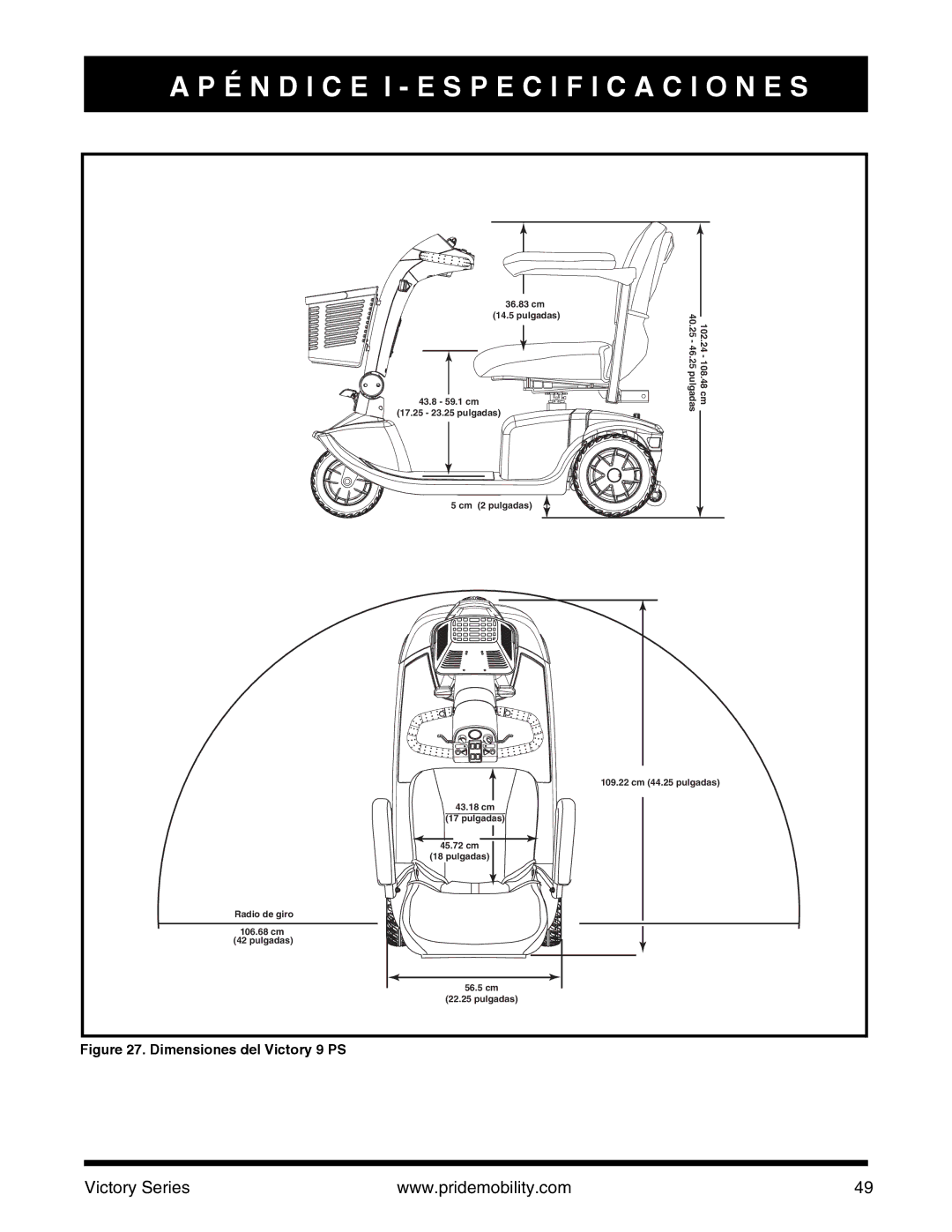 Pride Mobility SC610/SC710 manual Dimensiones del Victory 9 PS 