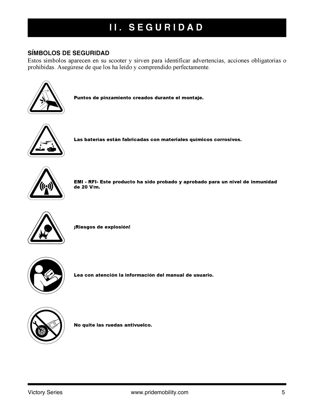 Pride Mobility SC610/SC710 manual S E G U R I D a D, Símbolos DE Seguridad 