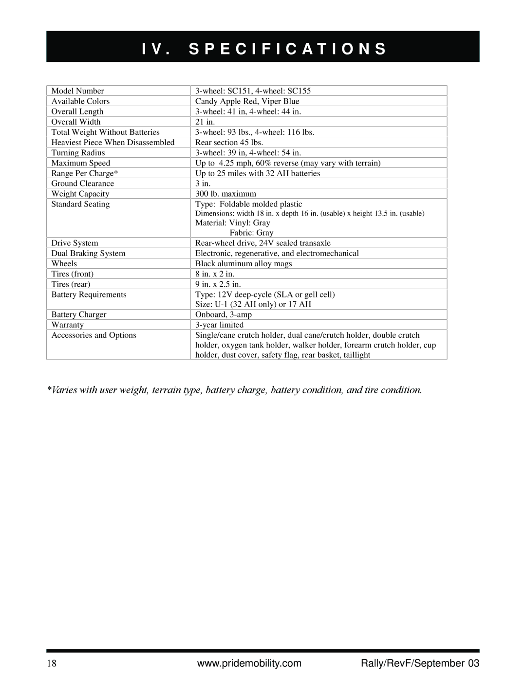 Pride Mobility scooter owner manual Specification S 