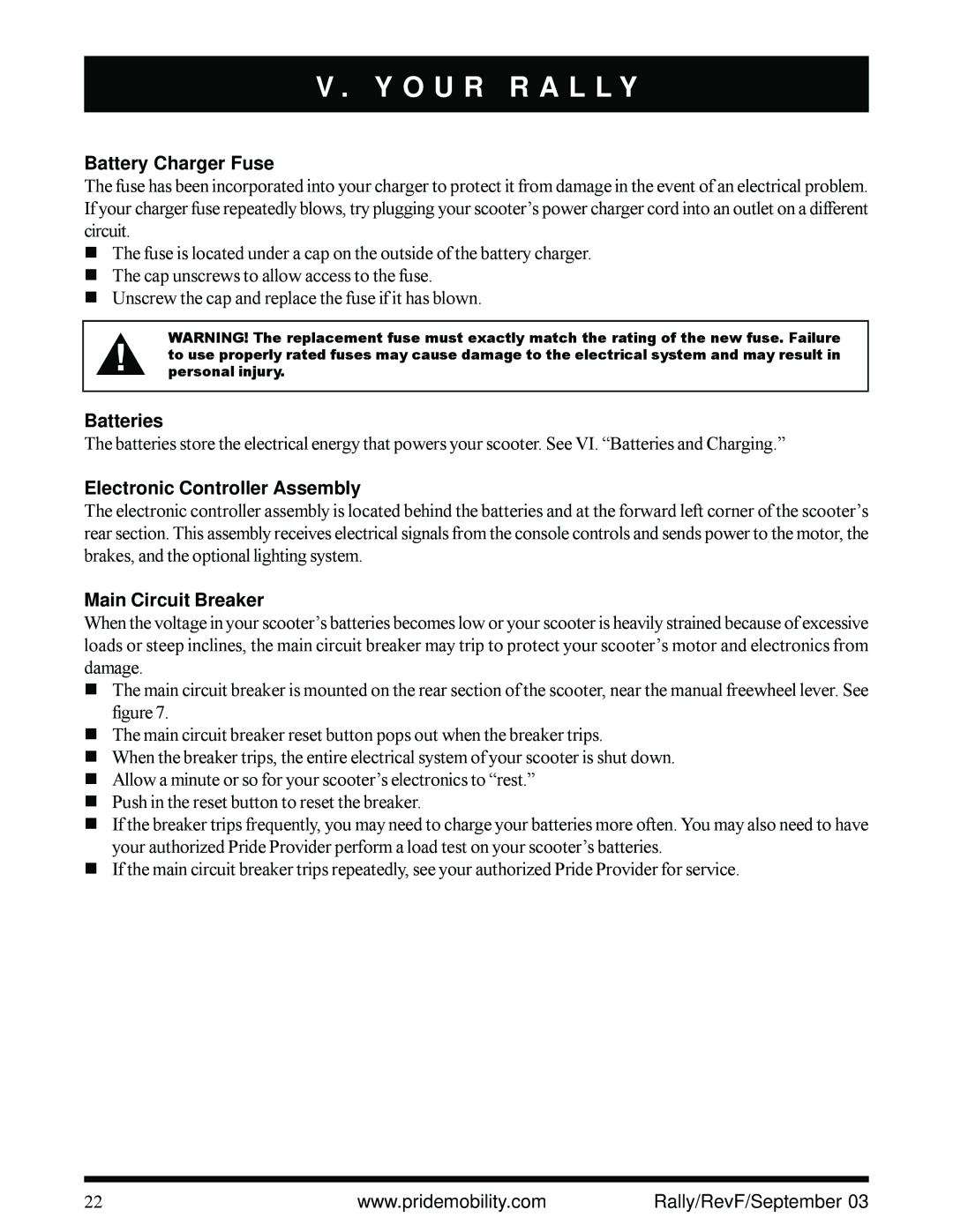 Pride Mobility scooter owner manual Battery Charger Fuse, Batteries, Electronic Controller Assembly, Main Circuit Breaker 