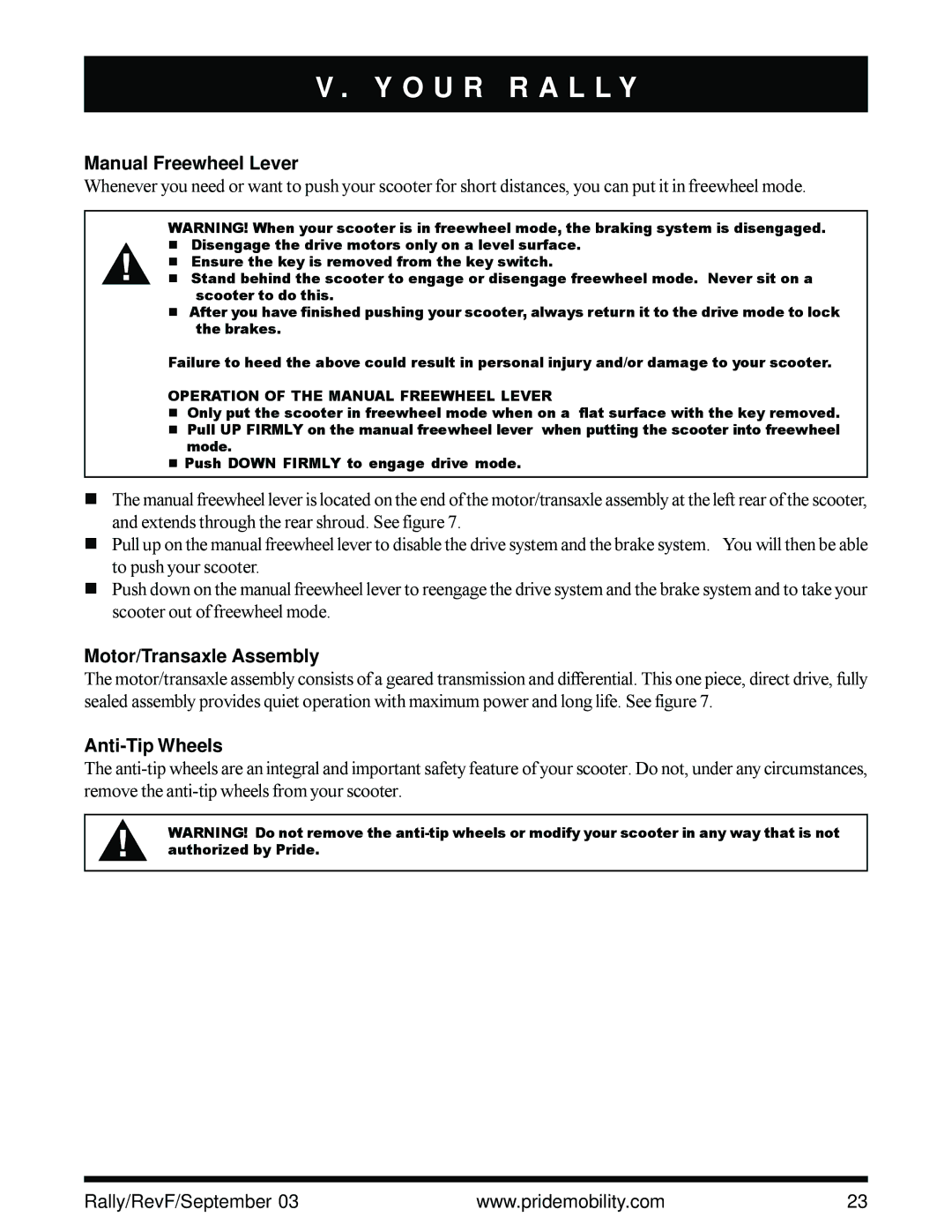 Pride Mobility scooter owner manual Manual Freewheel Lever, Motor/Transaxle Assembly, Anti-Tip Wheels 