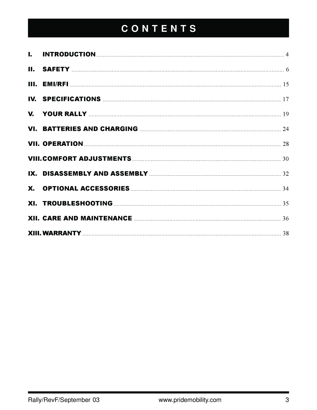 Pride Mobility scooter owner manual N T E N T S 