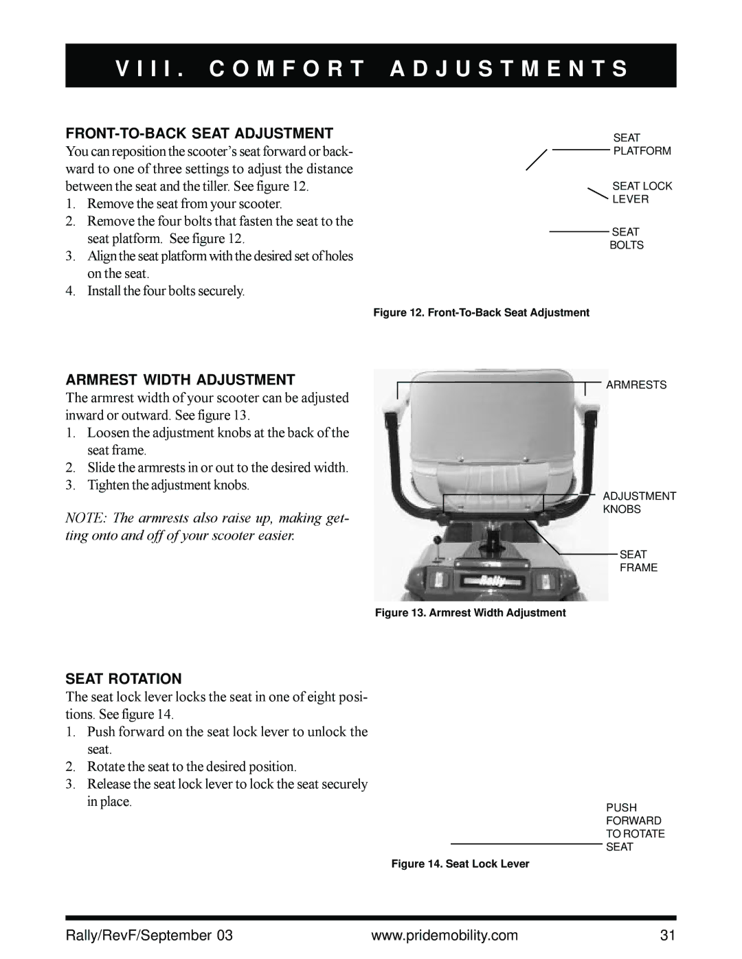 Pride Mobility scooter owner manual FRONT-TO-BACK Seat Adjustment, Armrest Width Adjustment, Seat Rotation 