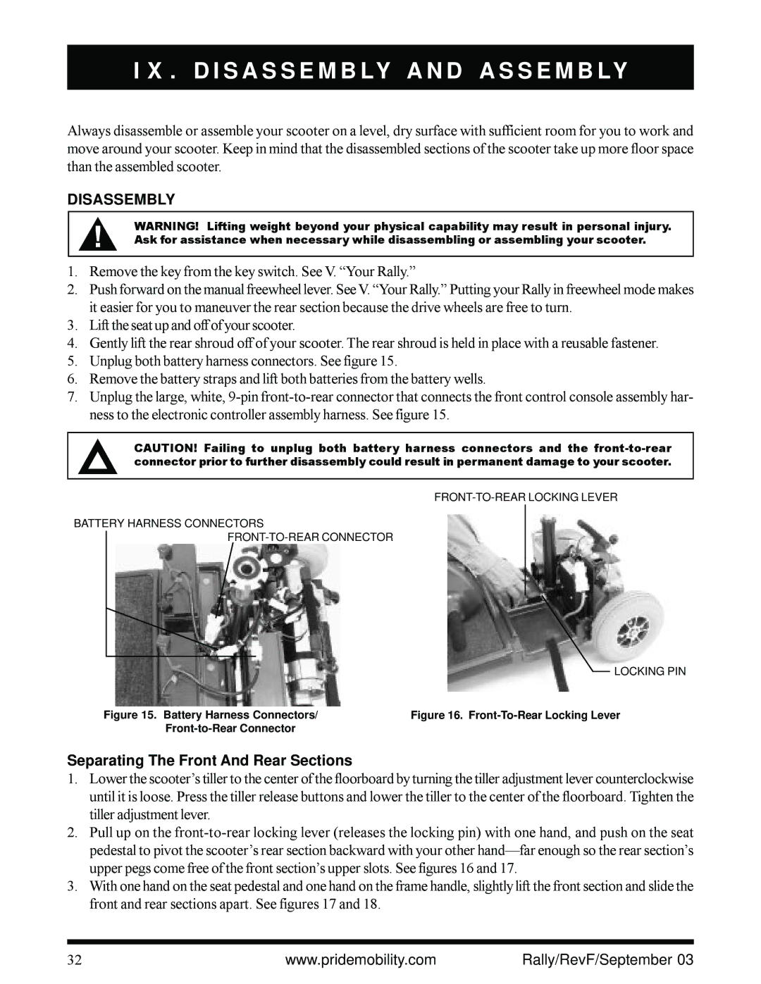 Pride Mobility scooter owner manual Disassembly, Separating The Front And Rear Sections 