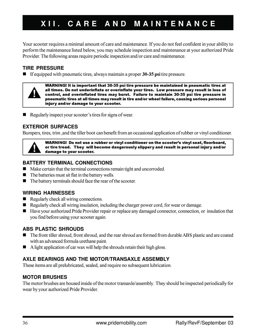 Pride Mobility scooter owner manual I . C a R E a N D M a I N T E N a N C E 