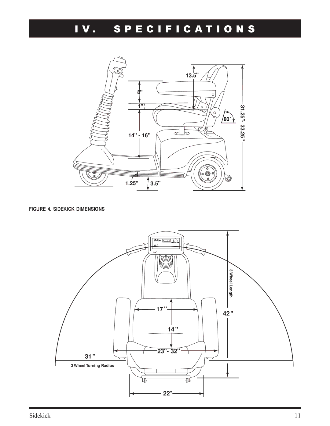 Pride Mobility manual Specification S, Sidekick Dimensions 