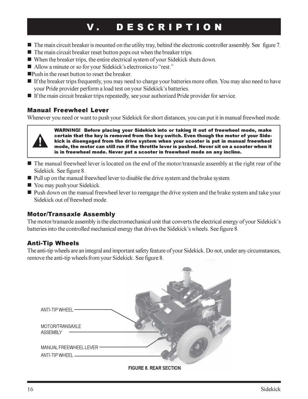 Pride Mobility Sidekick manual Manual Freewheel Lever, Motor/Transaxle Assembly, Anti-Tip Wheels 