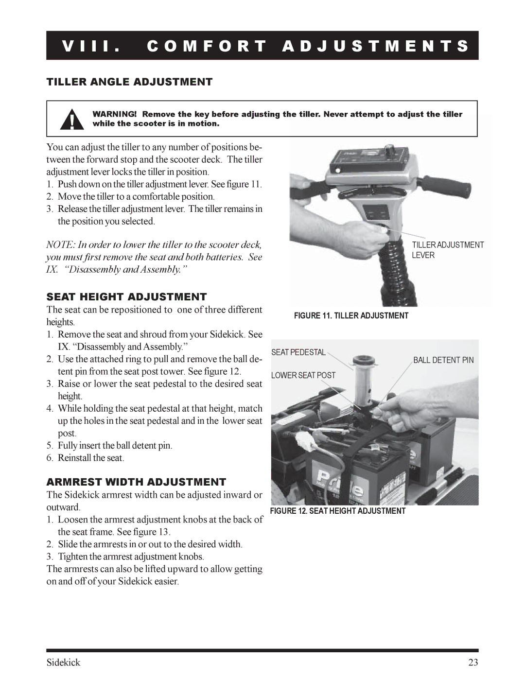 Pride Mobility Sidekick manual I I . C O M F O R T a D J U S T M E N T S, Tiller Angle Adjustment, Seat Height Adjustment 