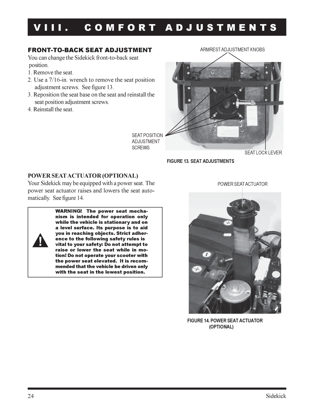 Pride Mobility Sidekick manual Power Seatactuator Optional, Seat Adjustments 