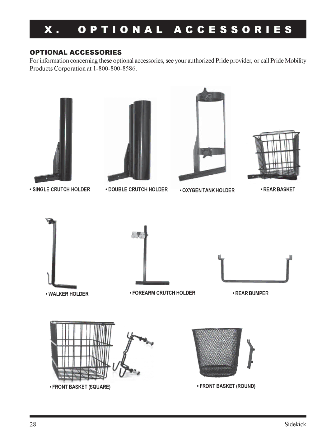 Pride Mobility Sidekick manual P T I O N a L a C C E S S O R I E S, Optional Accessories 