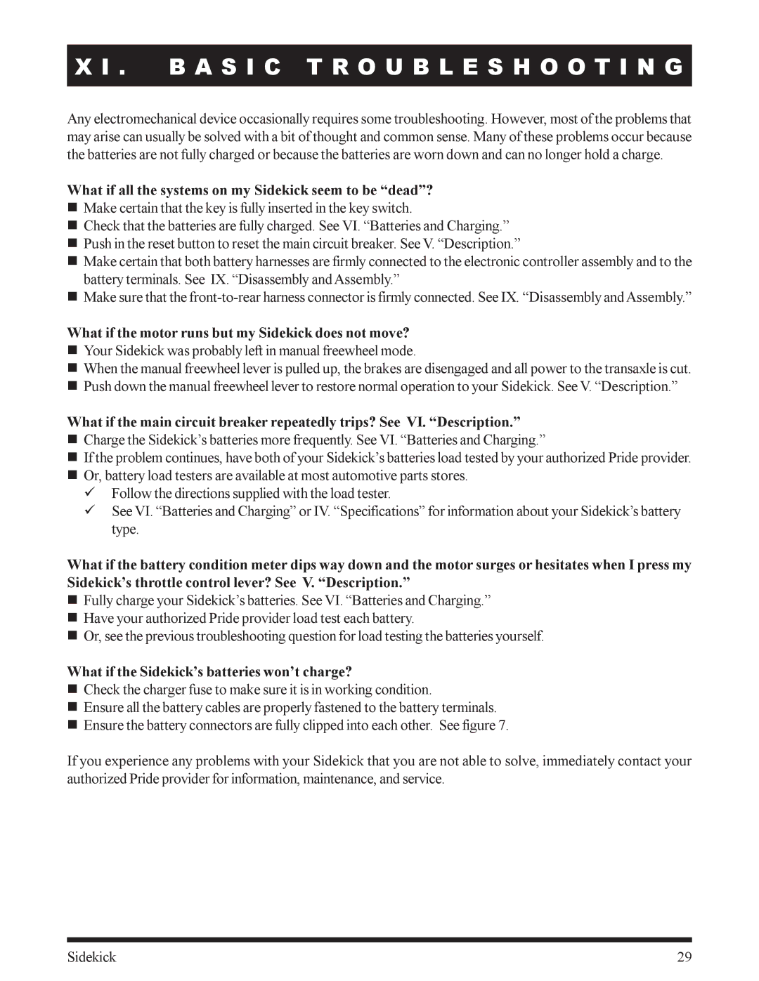 Pride Mobility manual B a S I C Troubleshooting, What if all the systems on my Sidekick seem to be dead? 